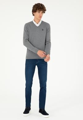 Erkek Slim Fit V Yaka Gri Melanj Basic Kazak - 50293512141
