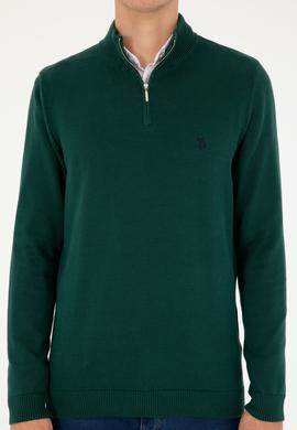 Erkek Slim Fit Yarım Fermuarlı Koyu Yeşil Basic Kazak - 50293517042