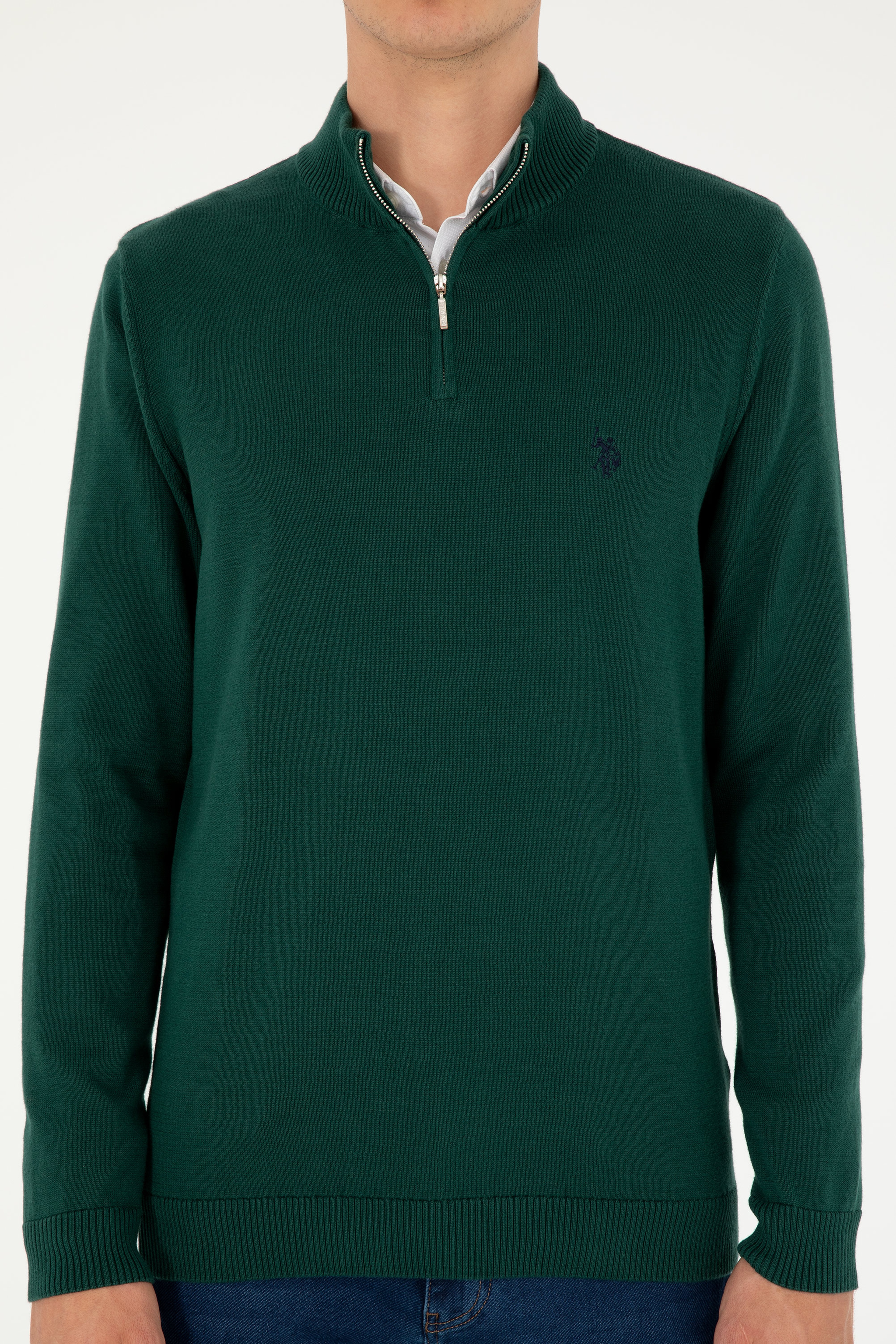 Erkek Slim Fit Yarım Fermuarlı Koyu Yeşil Basic Kazak - Image 6