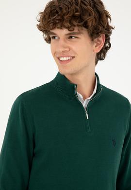 Erkek Slim Fit Yarım Fermuarlı Koyu Yeşil Basic Kazak - 50293517042