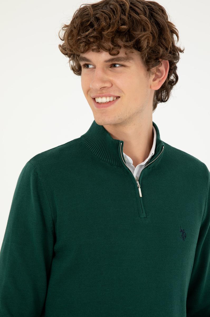 Erkek Slim Fit Yarım Fermuarlı Koyu Yeşil Basic Kazak