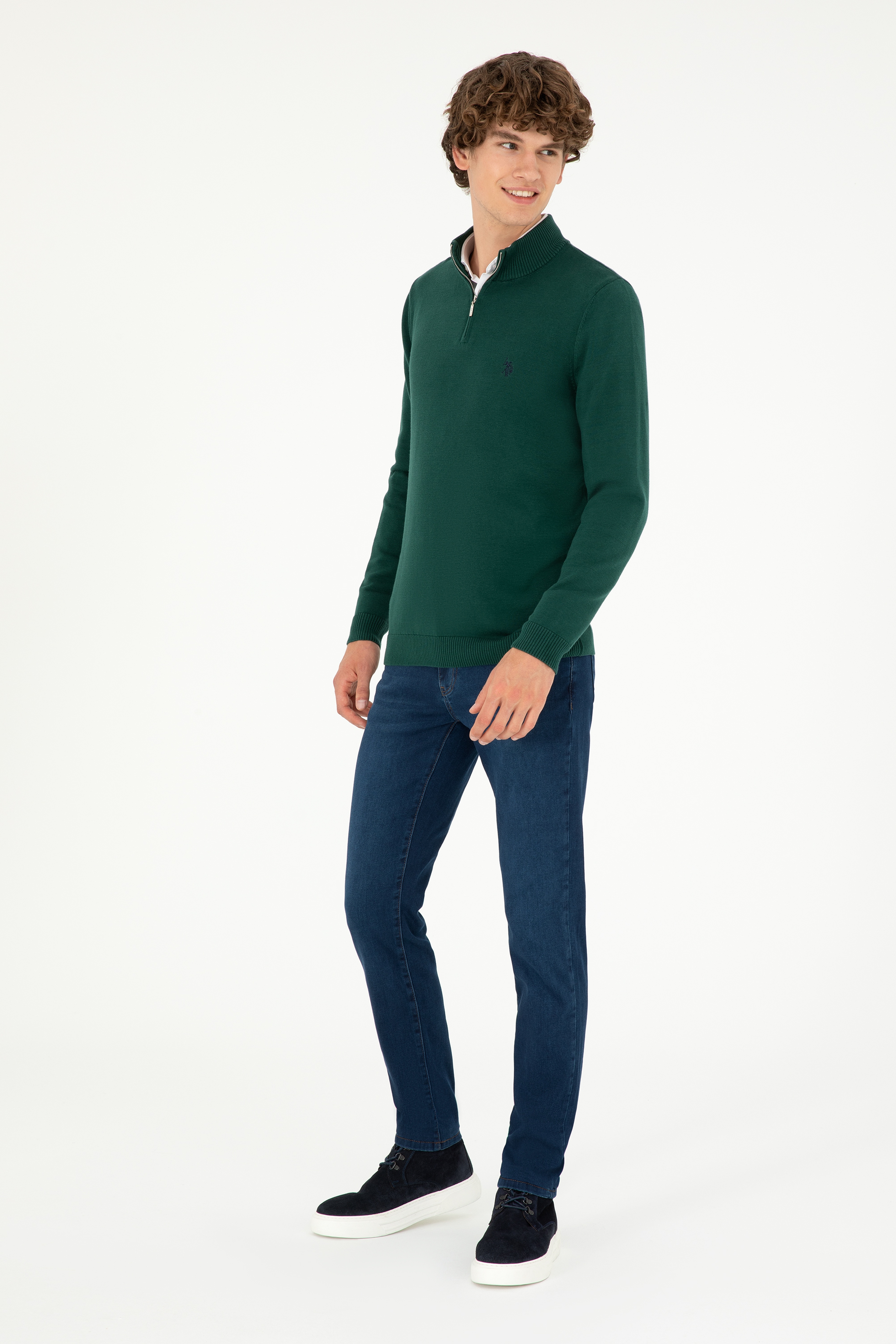 Erkek Slim Fit Yarım Fermuarlı Koyu Yeşil Basic Kazak