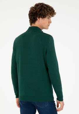 Erkek Slim Fit Yarım Fermuarlı Koyu Yeşil Basic Kazak - 50293517042