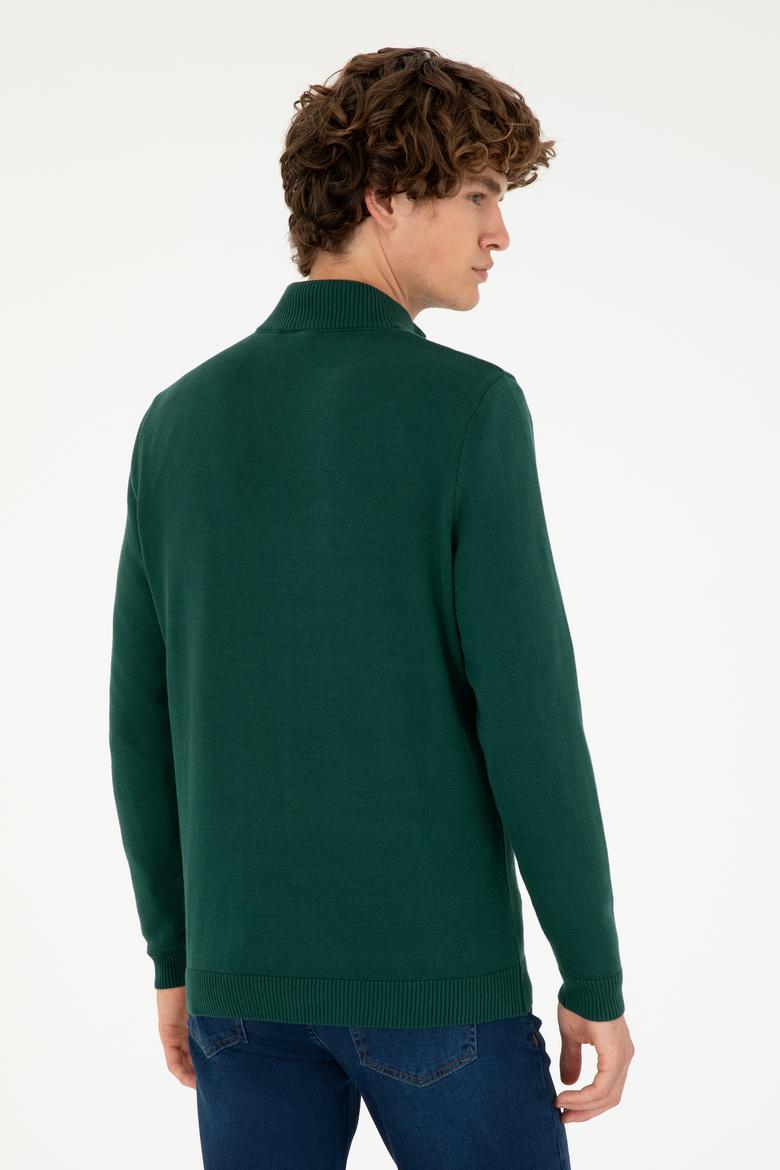 Erkek Slim Fit Yarım Fermuarlı Koyu Yeşil Basic Kazak - 50293517042