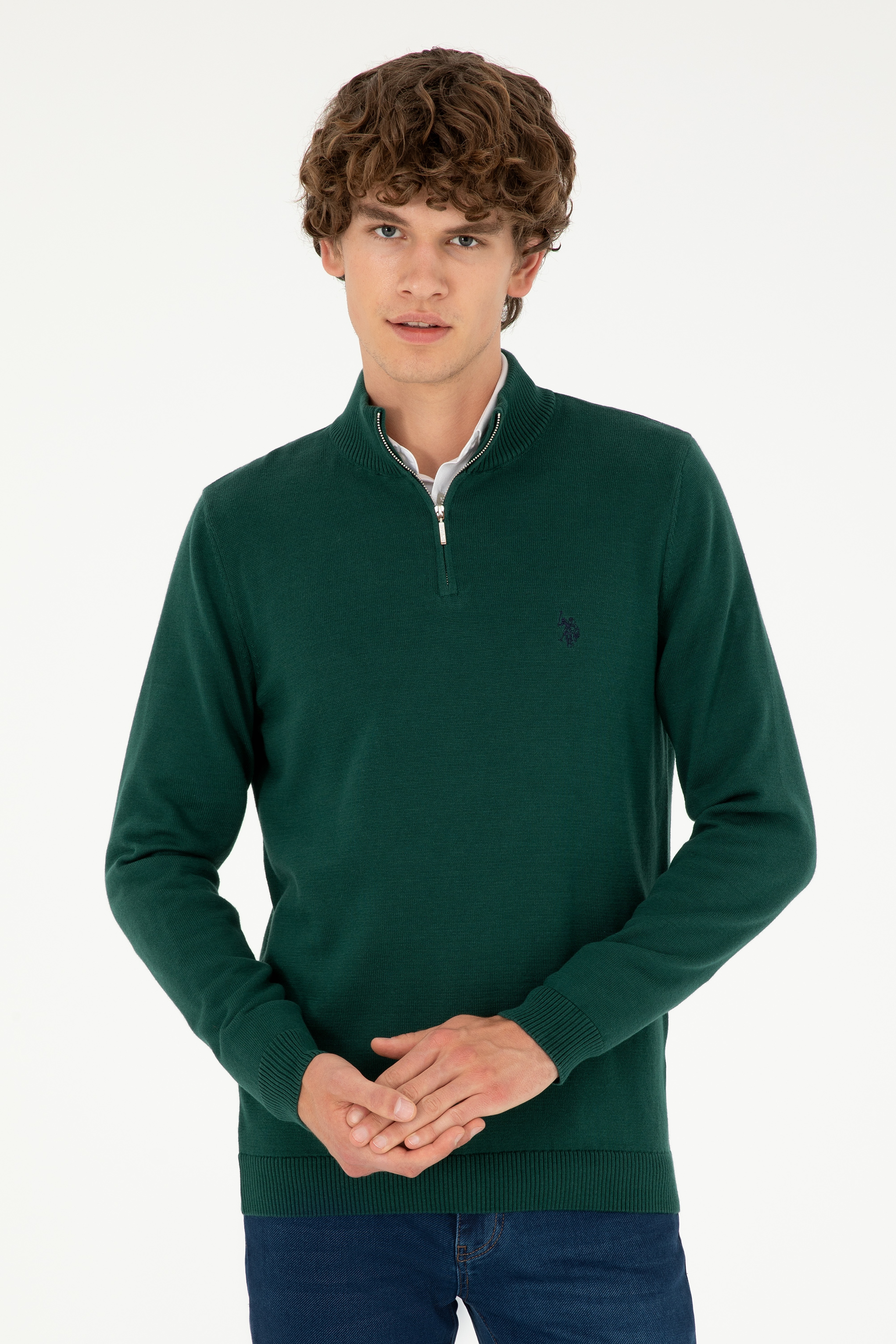 Erkek Slim Fit Yarım Fermuarlı Koyu Yeşil Basic Kazak - Image 1