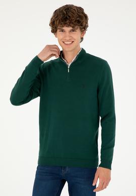 Erkek Slim Fit Yarım Fermuarlı Koyu Yeşil Basic Kazak - 50293517042