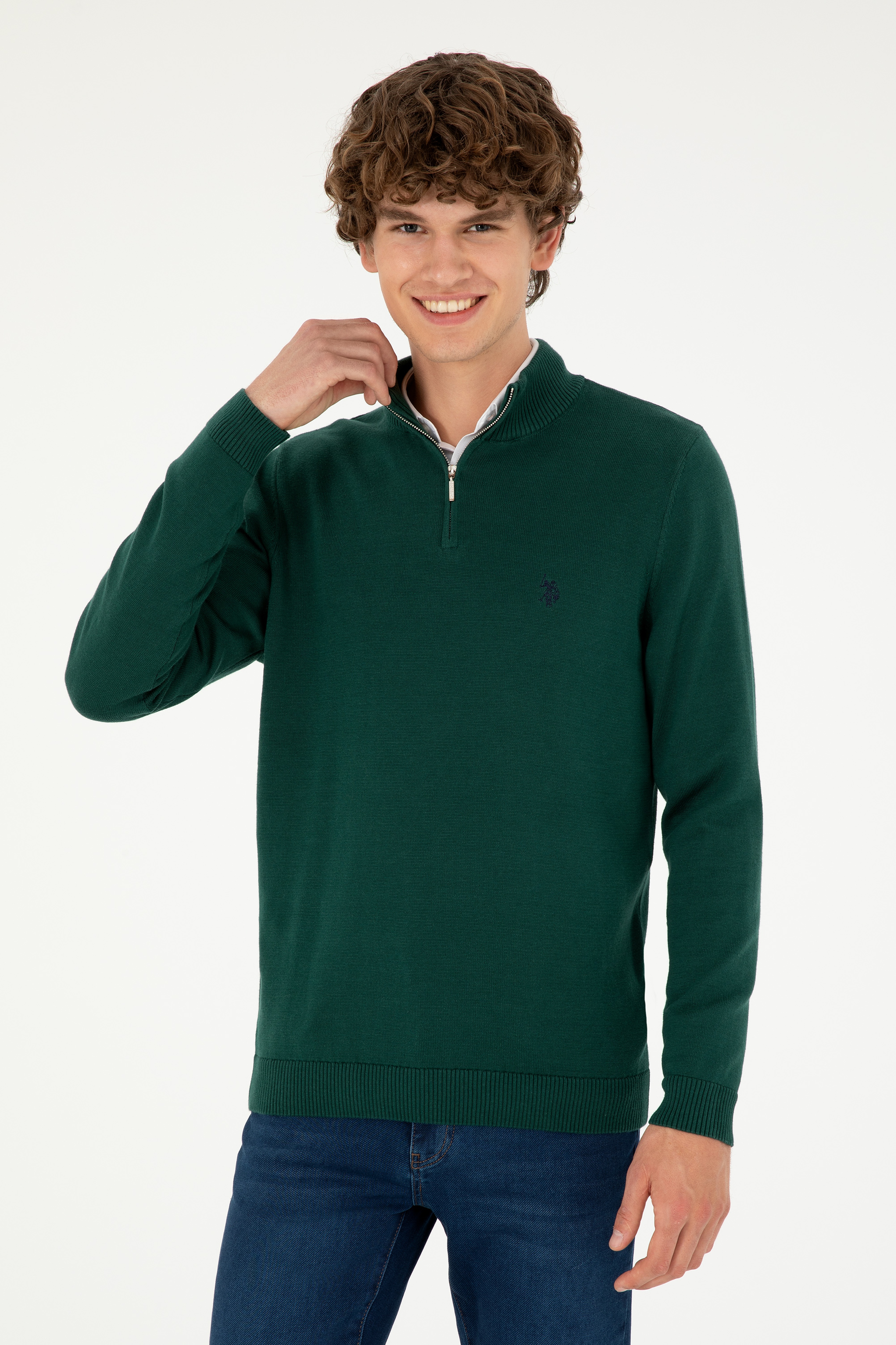 Erkek Slim Fit Yarım Fermuarlı Koyu Yeşil Basic Kazak - Image 3