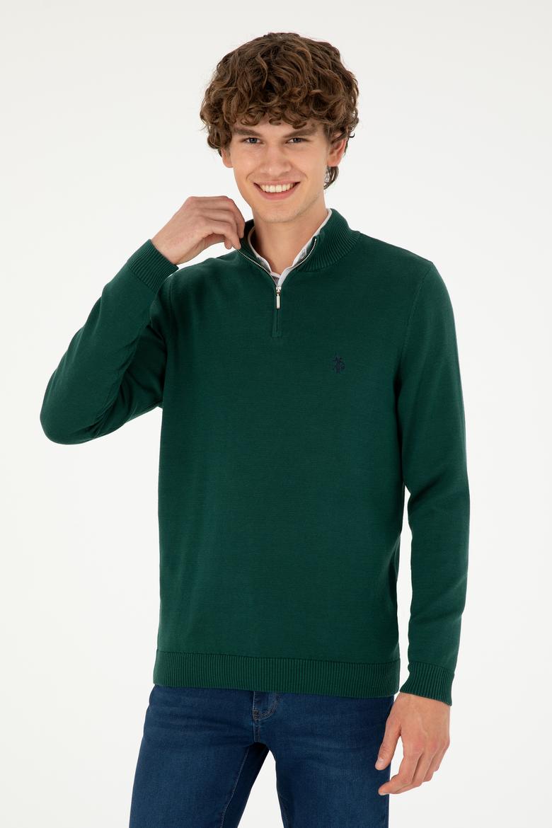 Erkek Slim Fit Yarım Fermuarlı Koyu Yeşil Basic Kazak - 50293517042