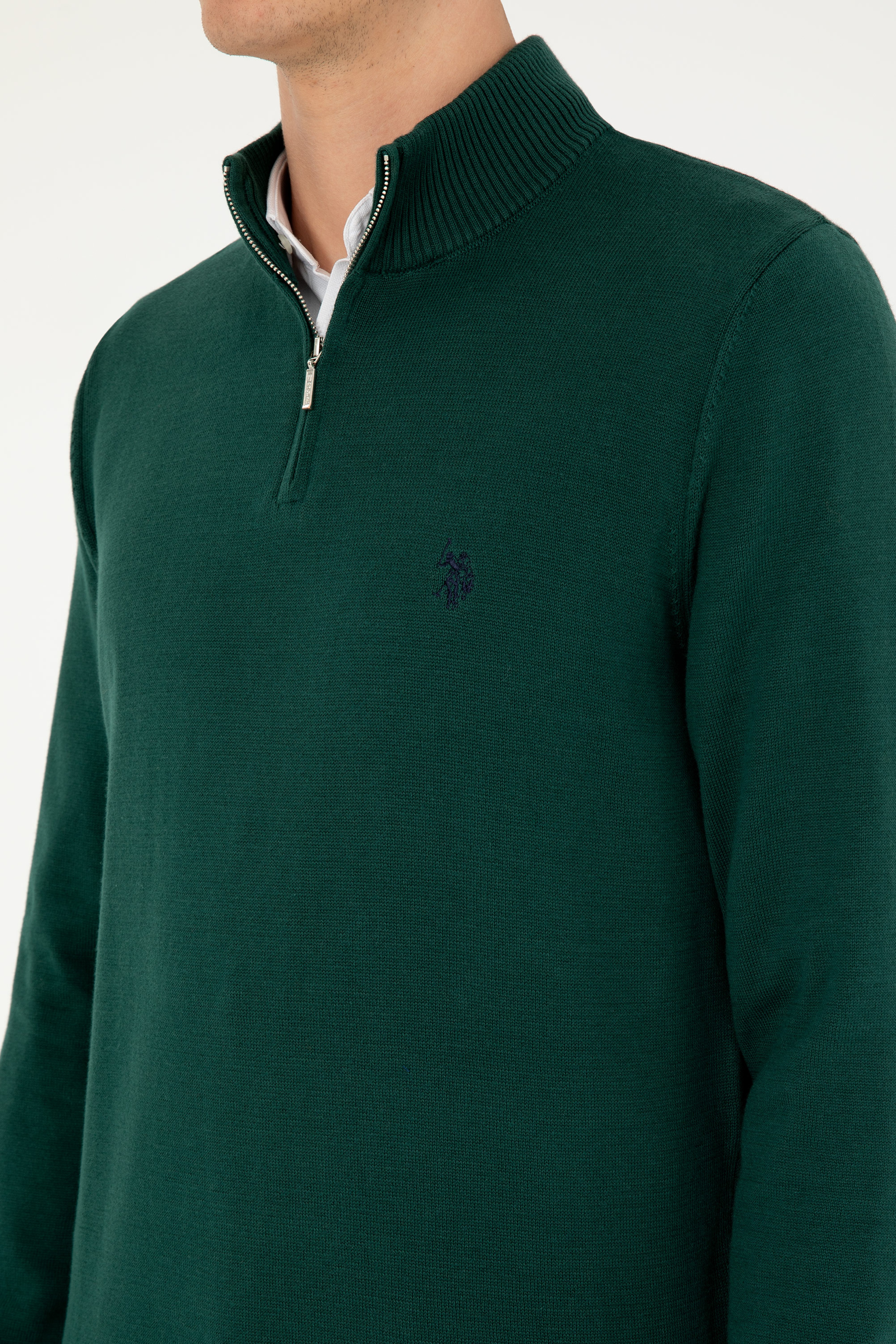 Erkek Slim Fit Yarım Fermuarlı Koyu Yeşil Basic Kazak