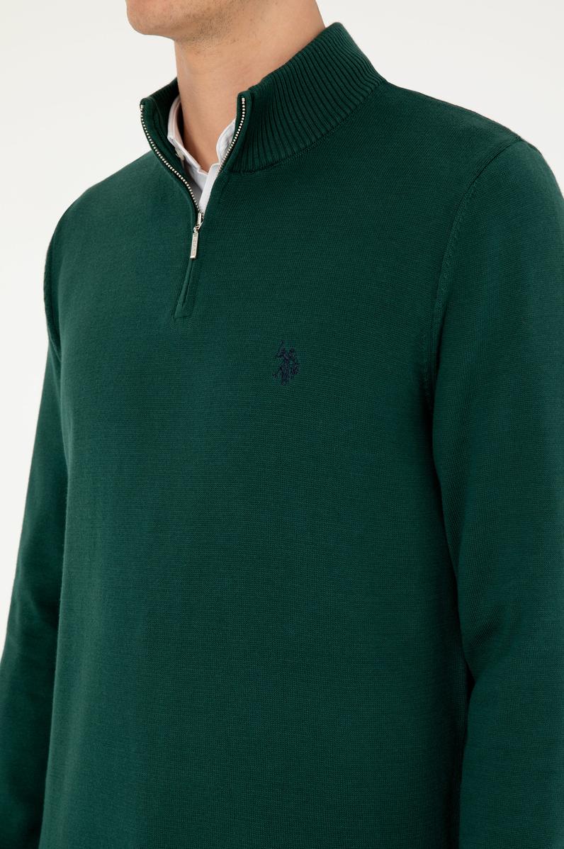 Erkek Slim Fit Yarım Fermuarlı Koyu Yeşil Basic Kazak