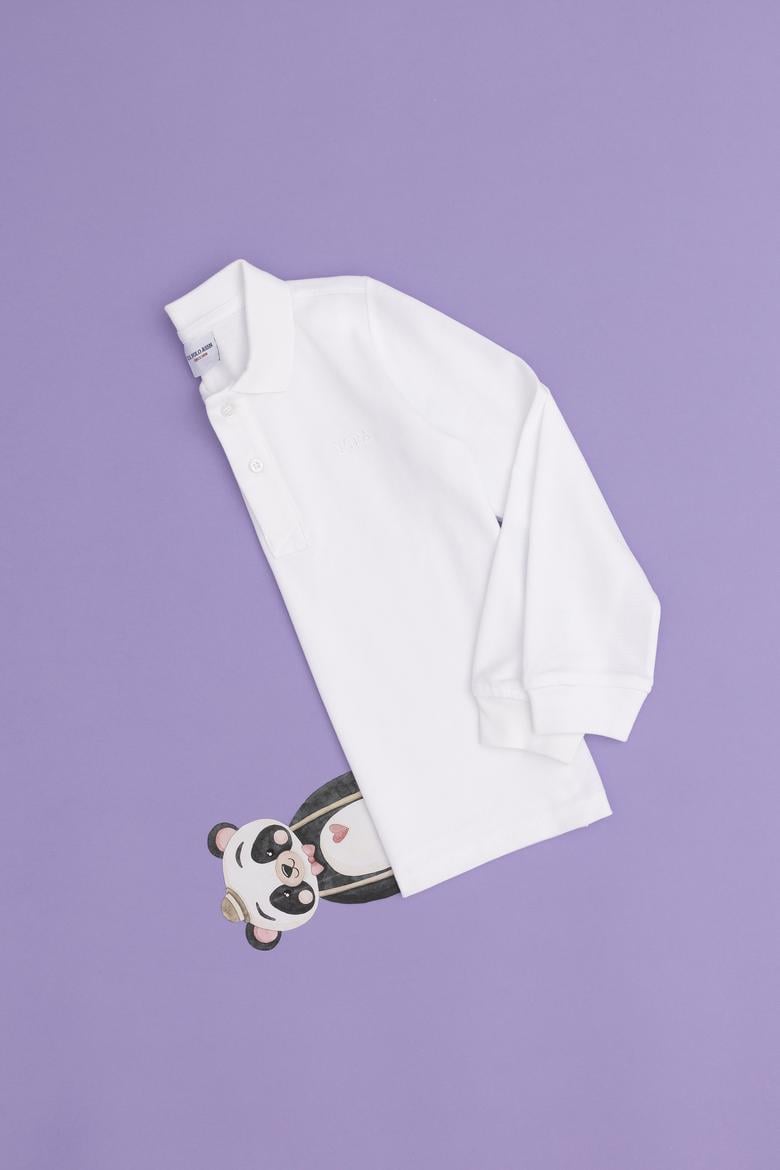 Erkek Çocuk Beyaz Basic Polo Yaka Sweatshirt