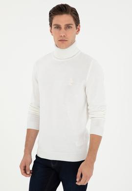 Erkek Slim Fit Boğazlı Yaka Beyaz Basic Kazak - 50288884107