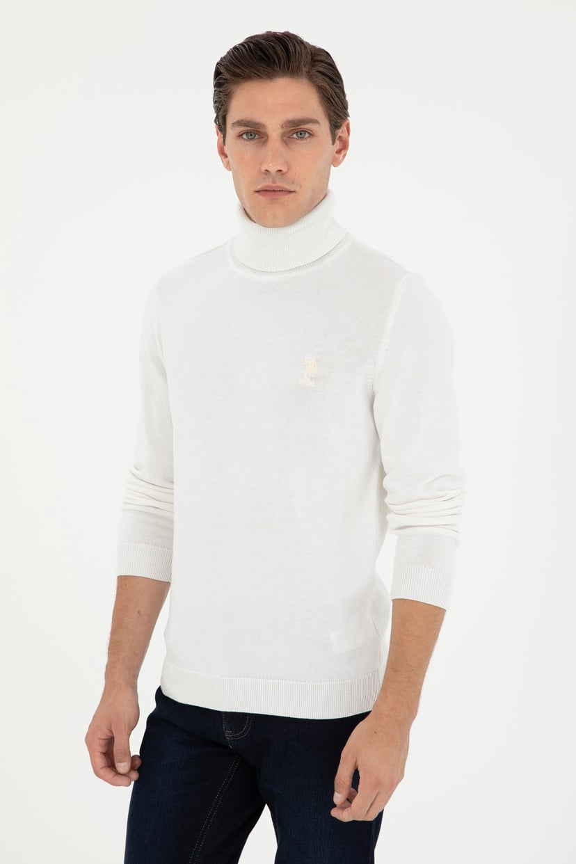 Erkek Slim Fit Boğazlı Yaka Beyaz Basic Kazak