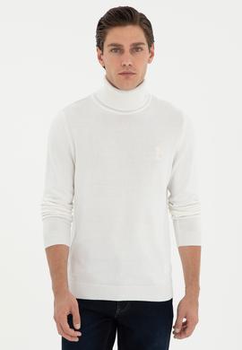 Erkek Slim Fit Boğazlı Yaka Beyaz Basic Kazak