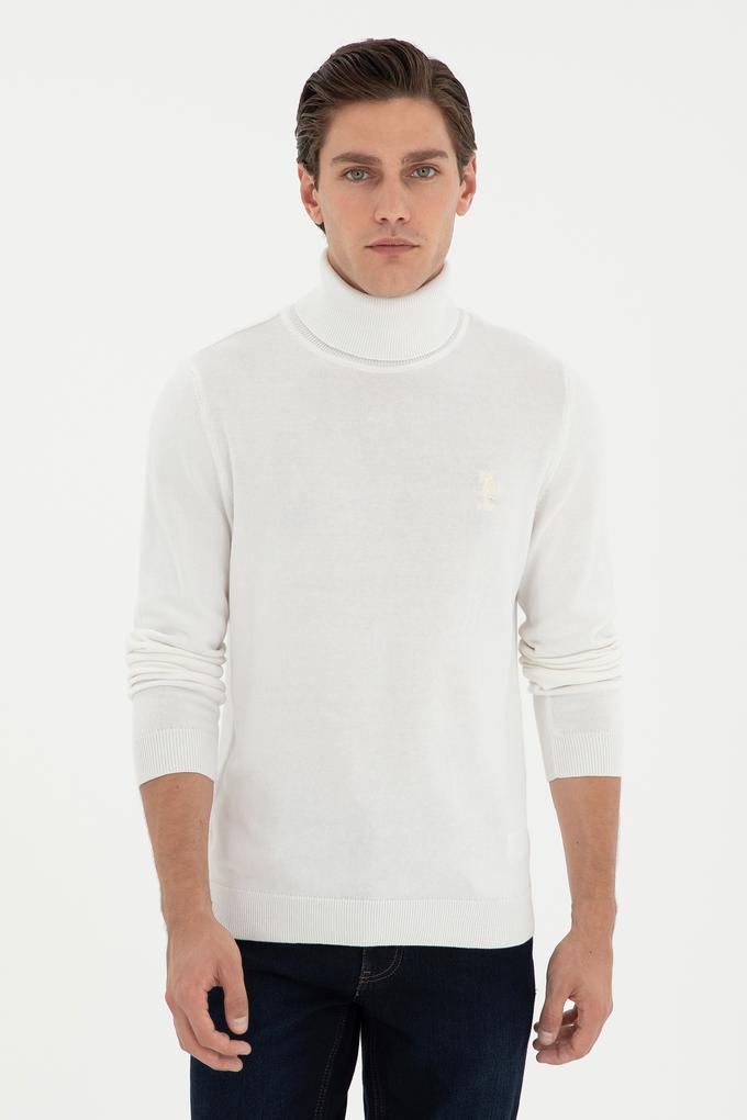 Erkek Slim Fit Boğazlı Yaka Beyaz Basic Kazak