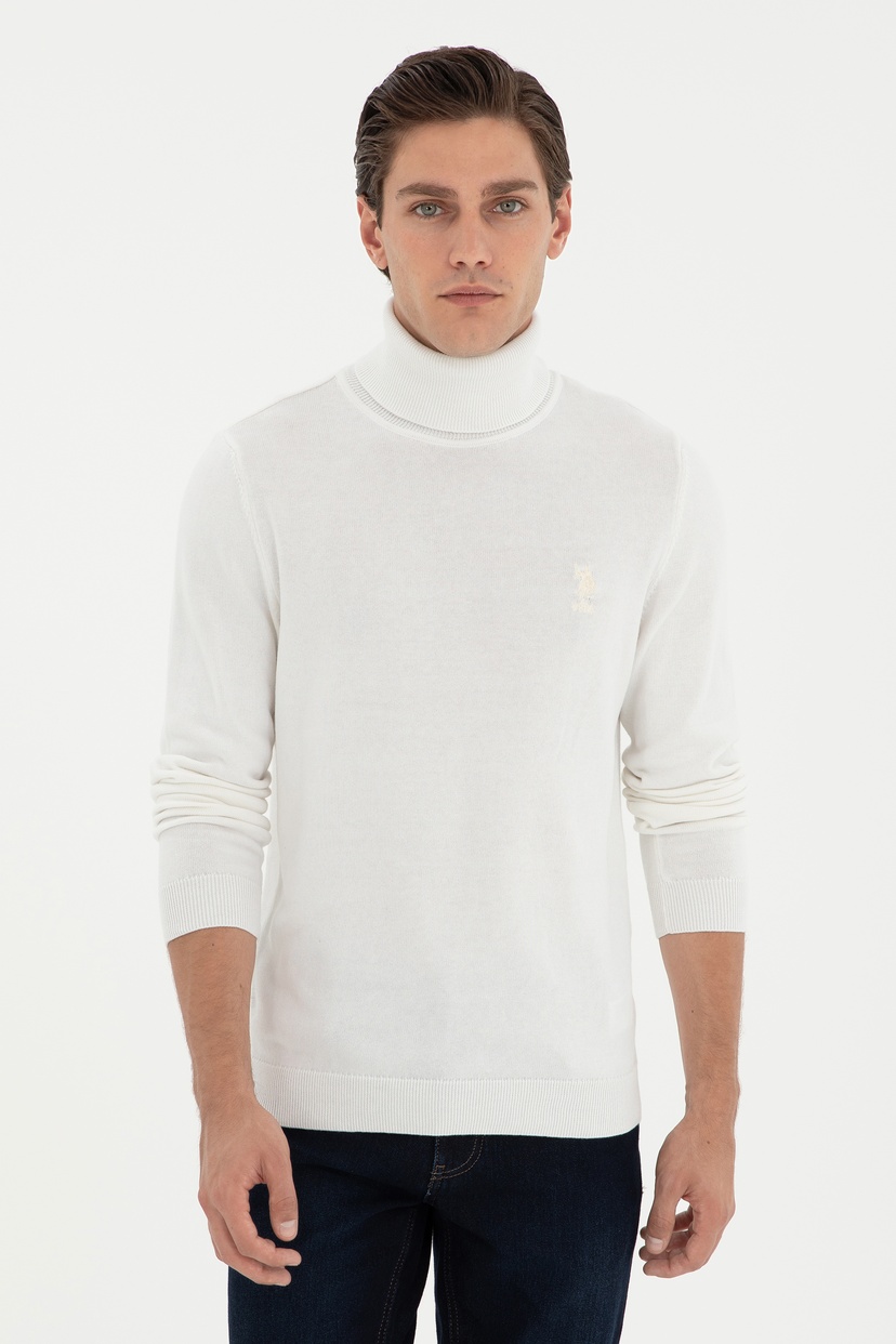 Erkek Slim Fit Boğazlı Yaka Beyaz Basic Kazak