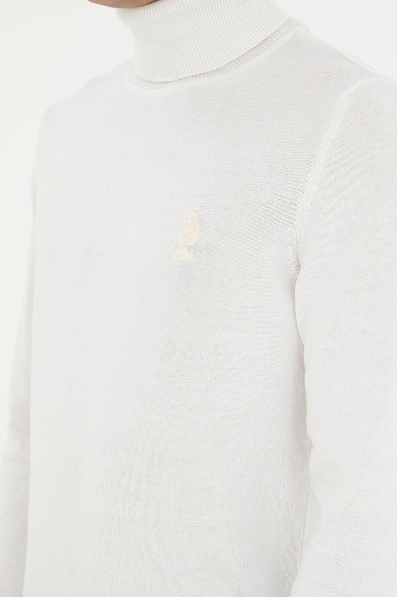 Erkek Slim Fit Boğazlı Yaka Beyaz Basic Kazak