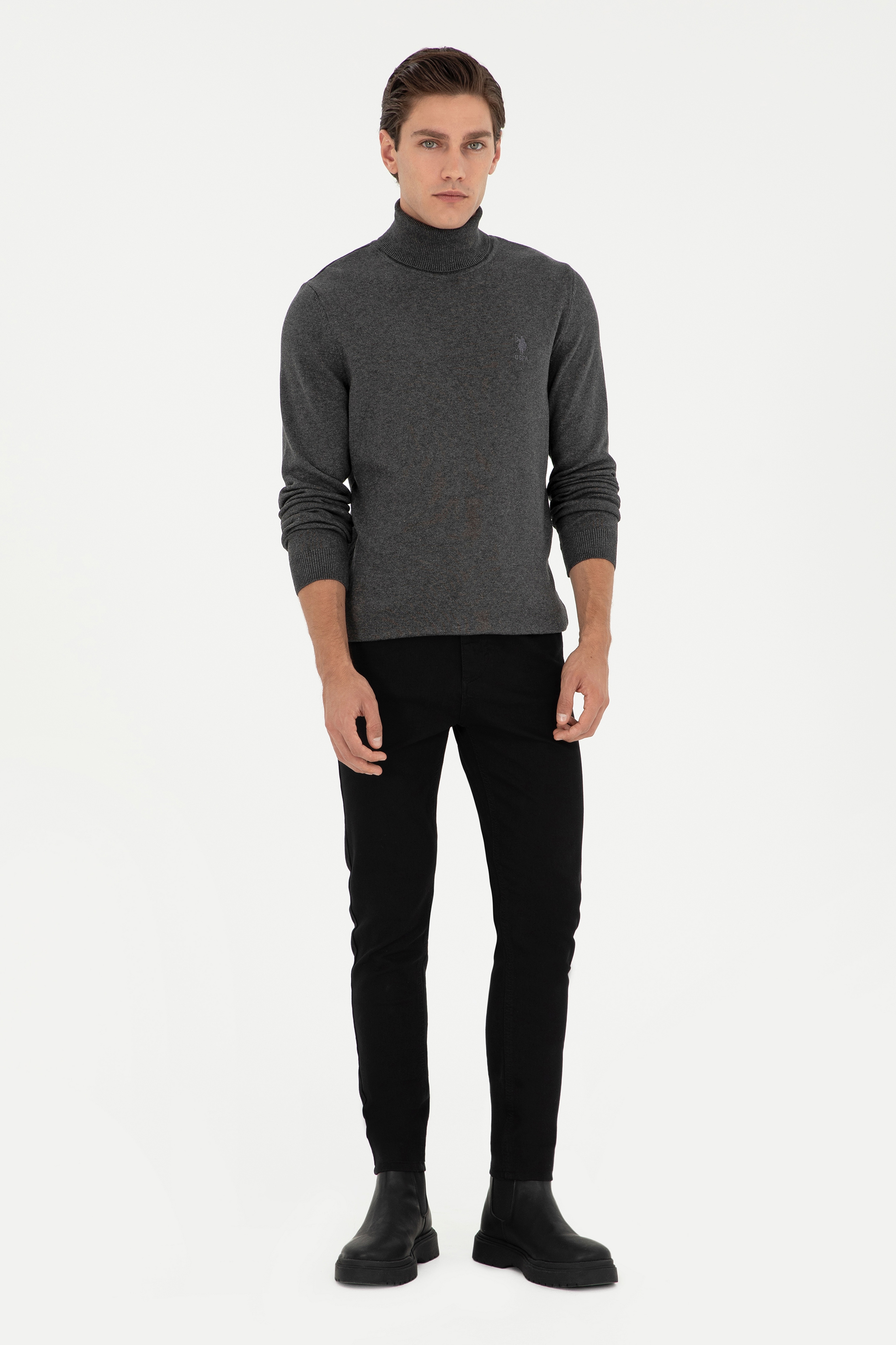 Erkek Slim Fit Boğazlı Yaka Antrasit Melanj Basic Kazak - Image 4