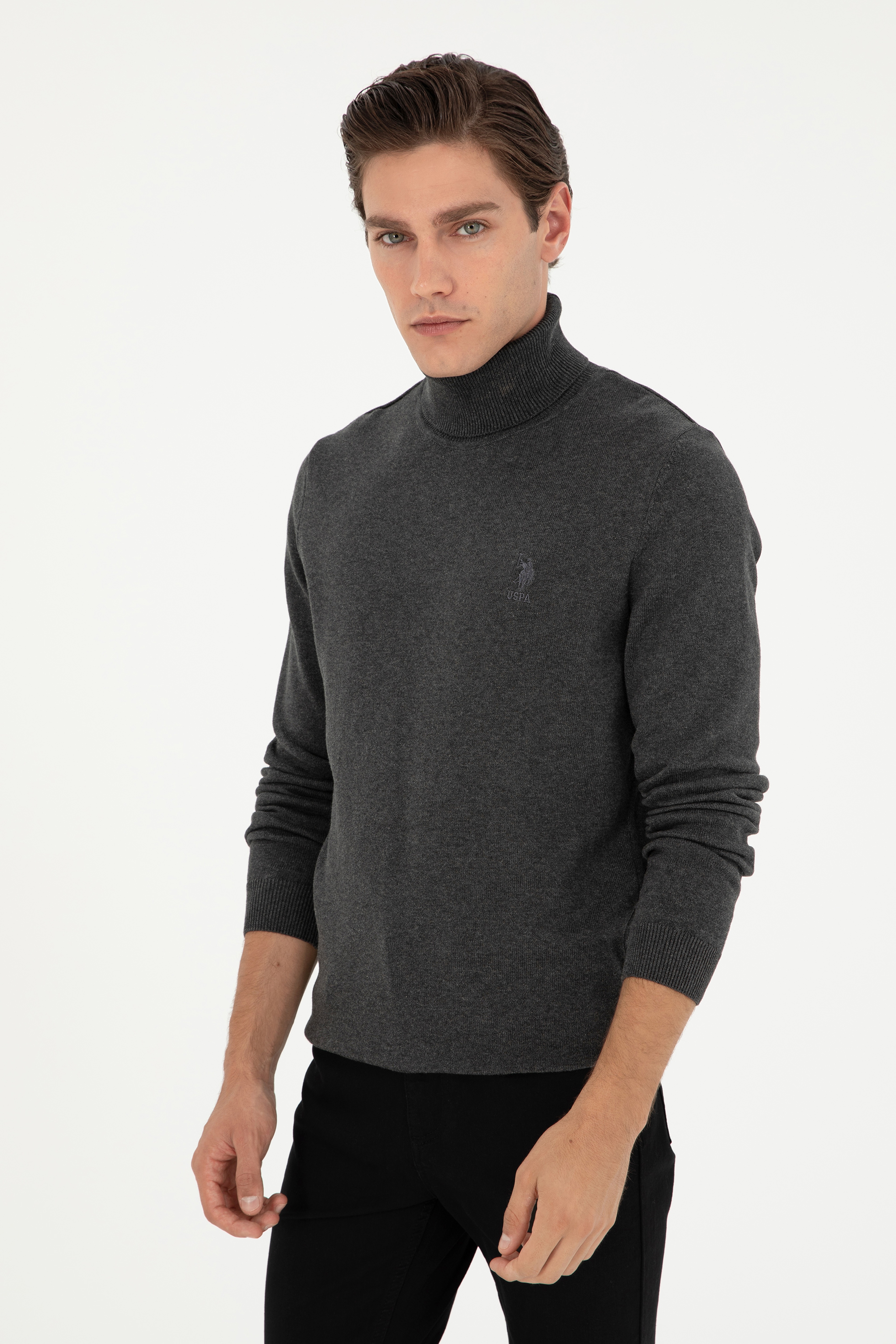 Erkek Slim Fit Boğazlı Yaka Antrasit Melanj Basic Kazak - Image 3