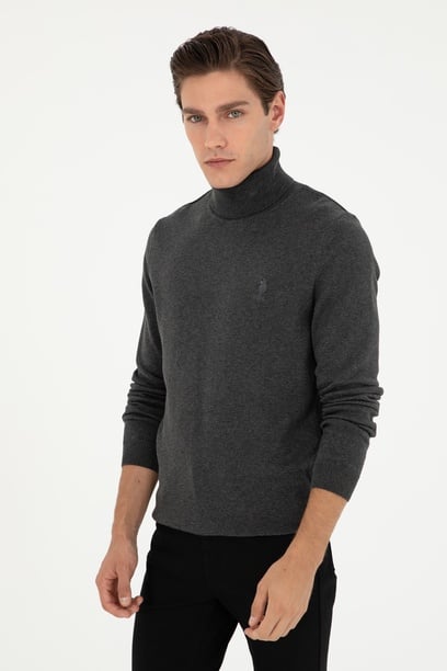 Erkek Slim Fit Boğazlı Yaka Antrasit Melanj Basic Kazak