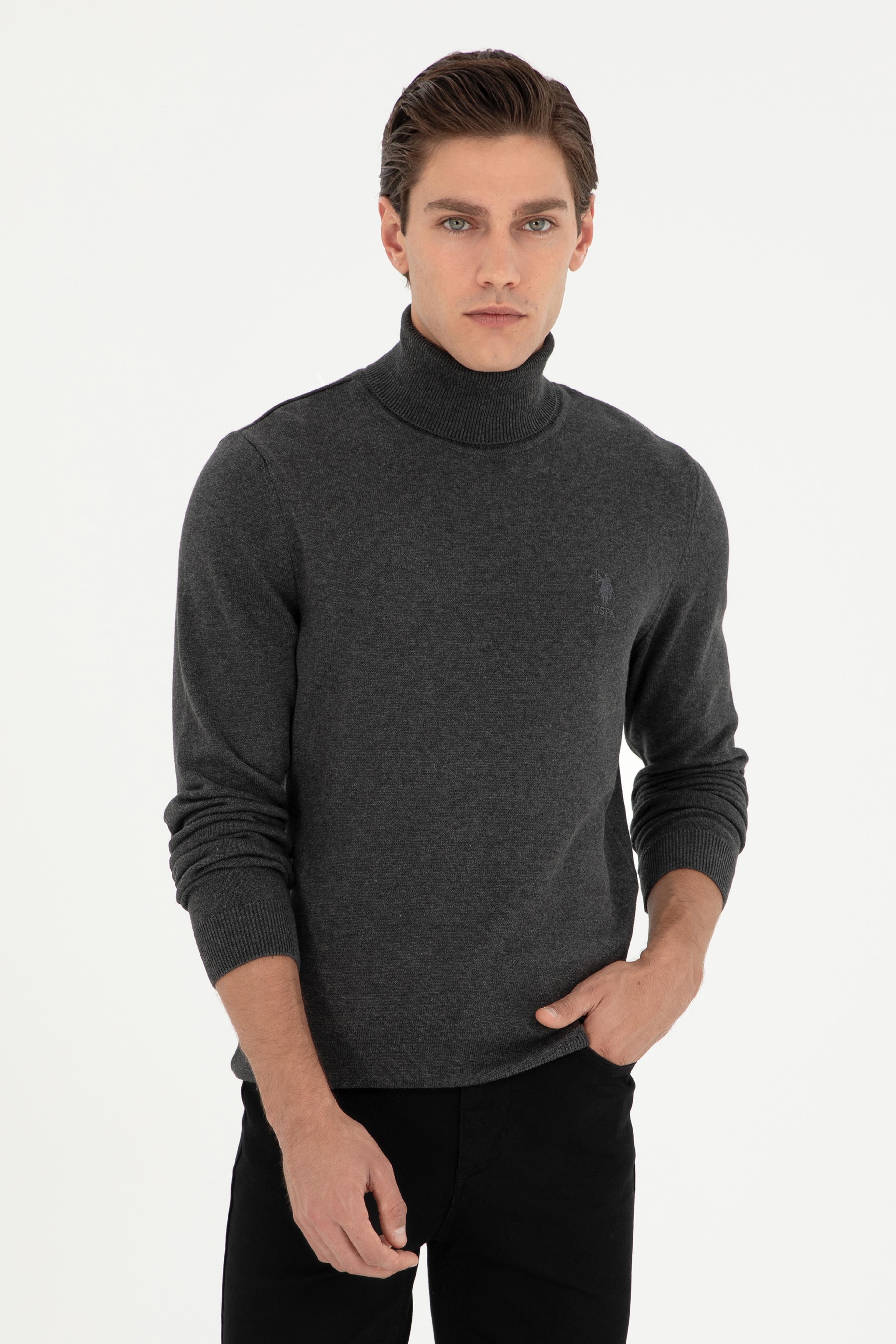 Erkek Slim Fit Boğazlı Yaka Antrasit Melanj Basic Kazak - Image 1