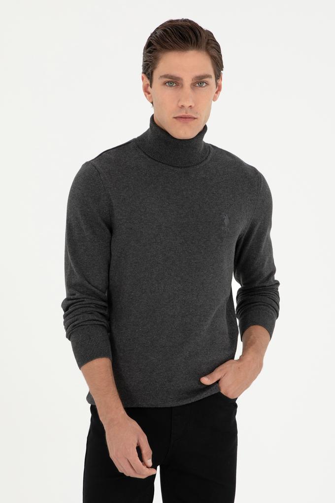 Erkek Slim Fit Boğazlı Yaka Antrasit Melanj Basic Kazak