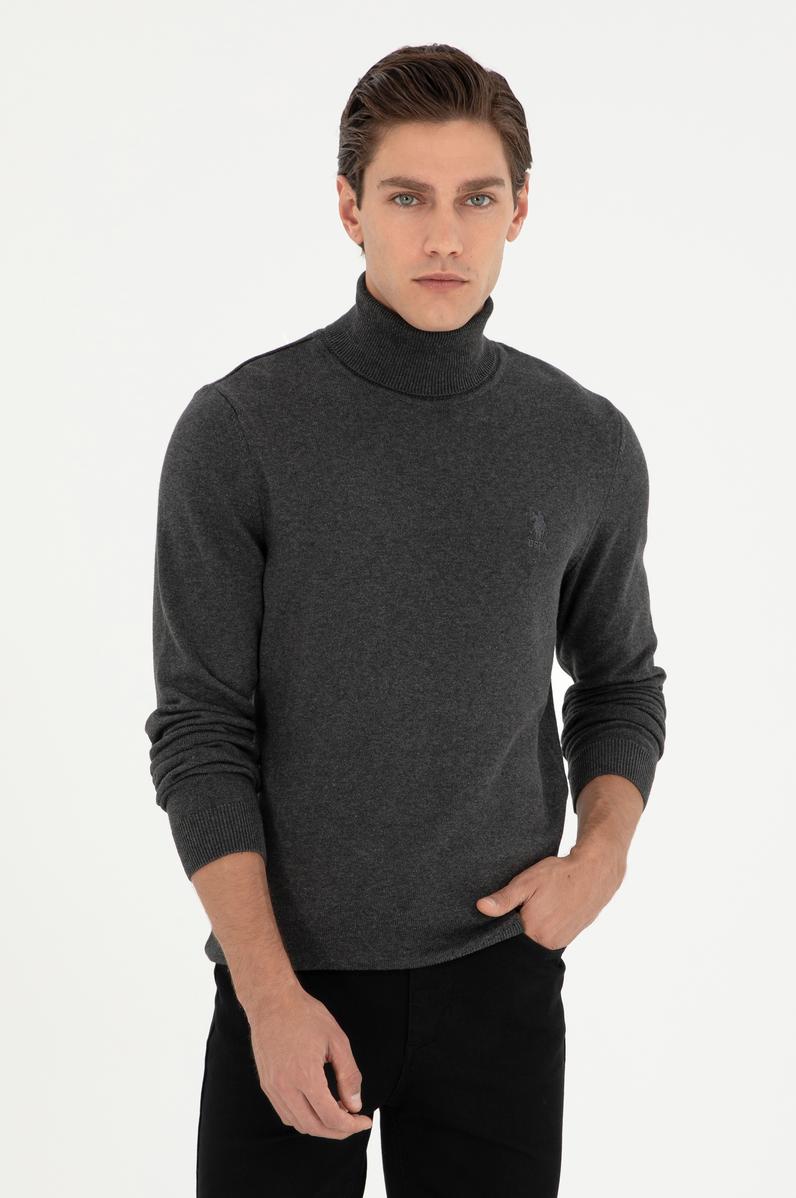 Erkek Slim Fit Boğazlı Yaka Antrasit Melanj Basic Kazak