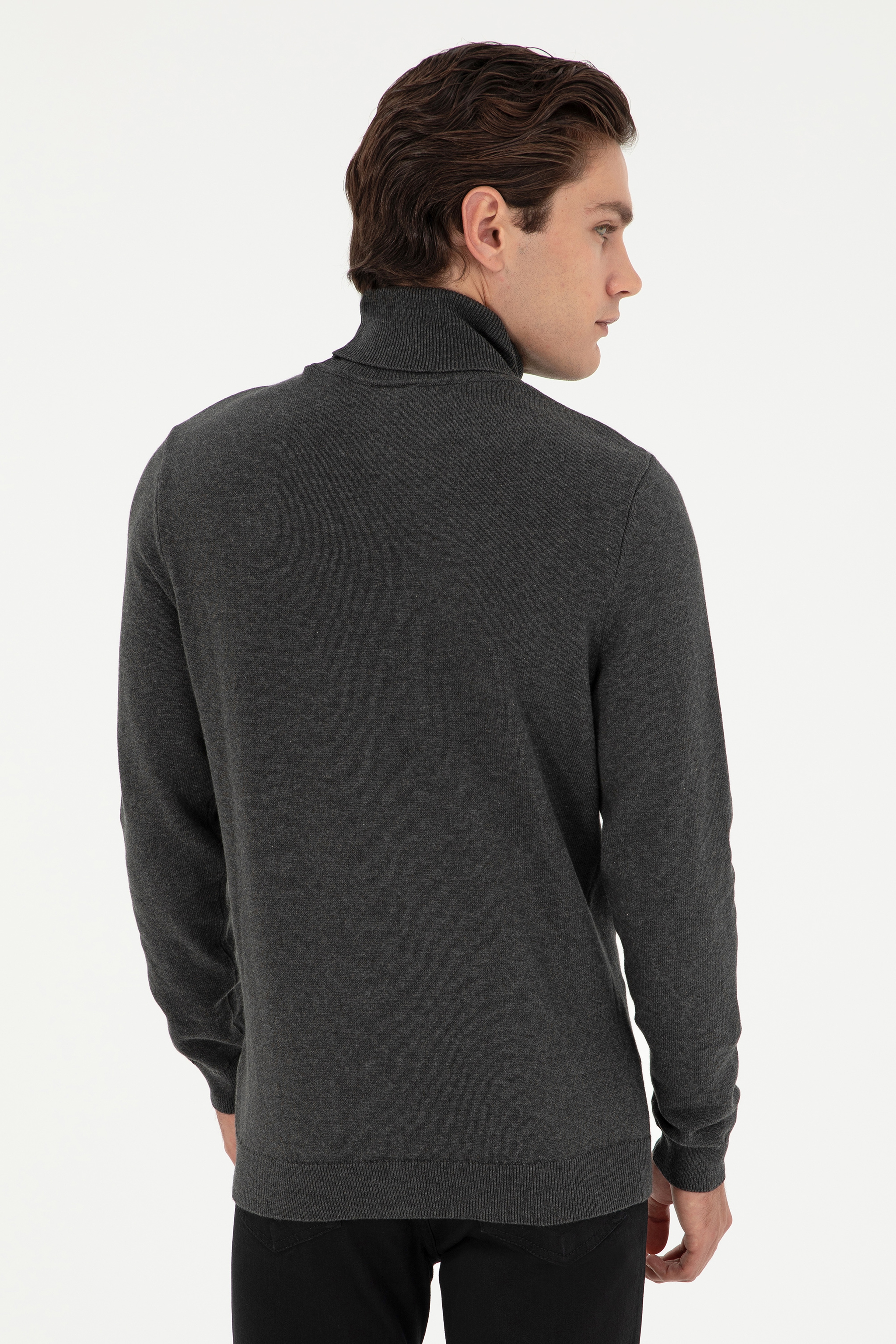 Erkek Slim Fit Boğazlı Yaka Antrasit Melanj Basic Kazak