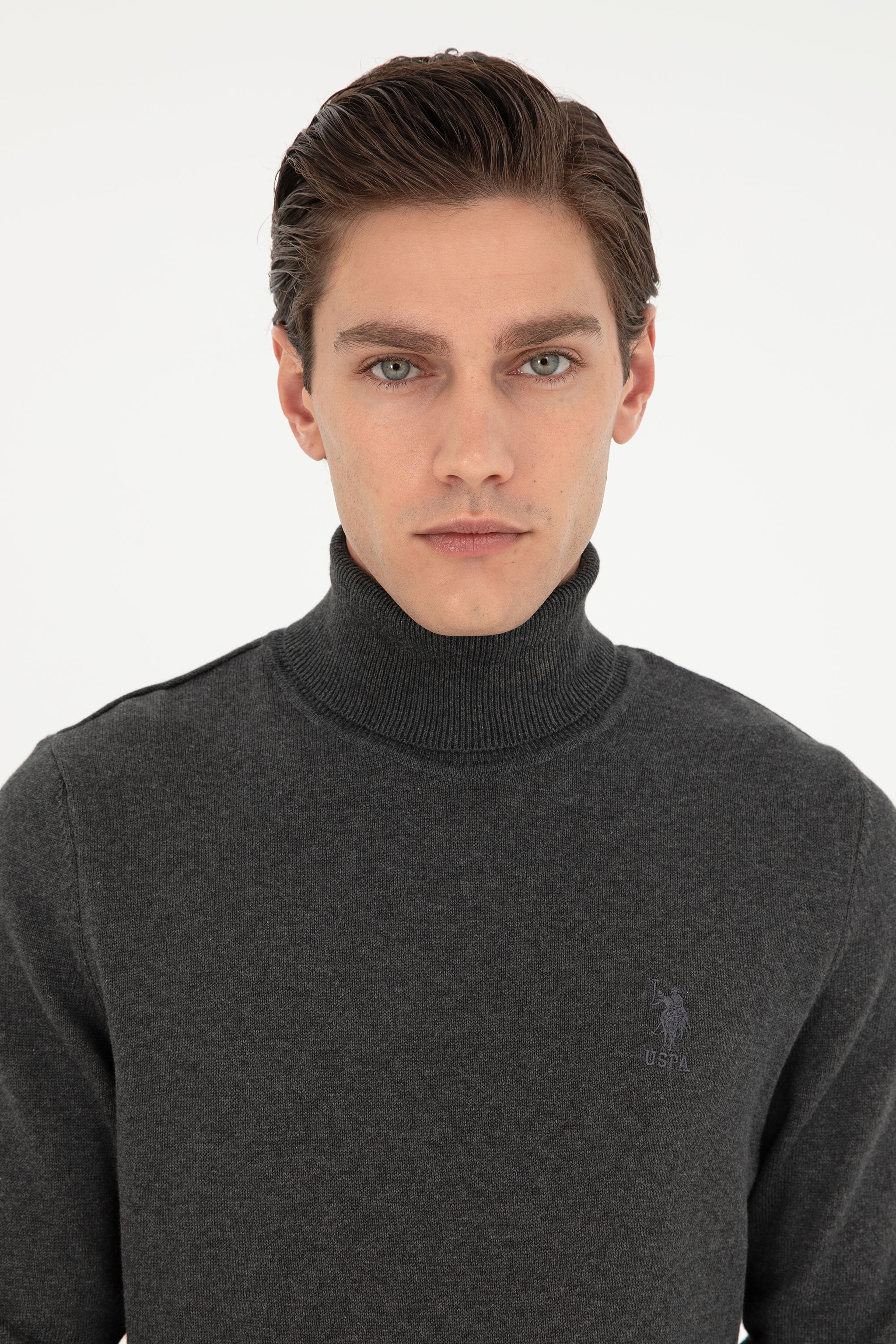 Erkek Slim Fit Boğazlı Yaka Antrasit Melanj Basic Kazak