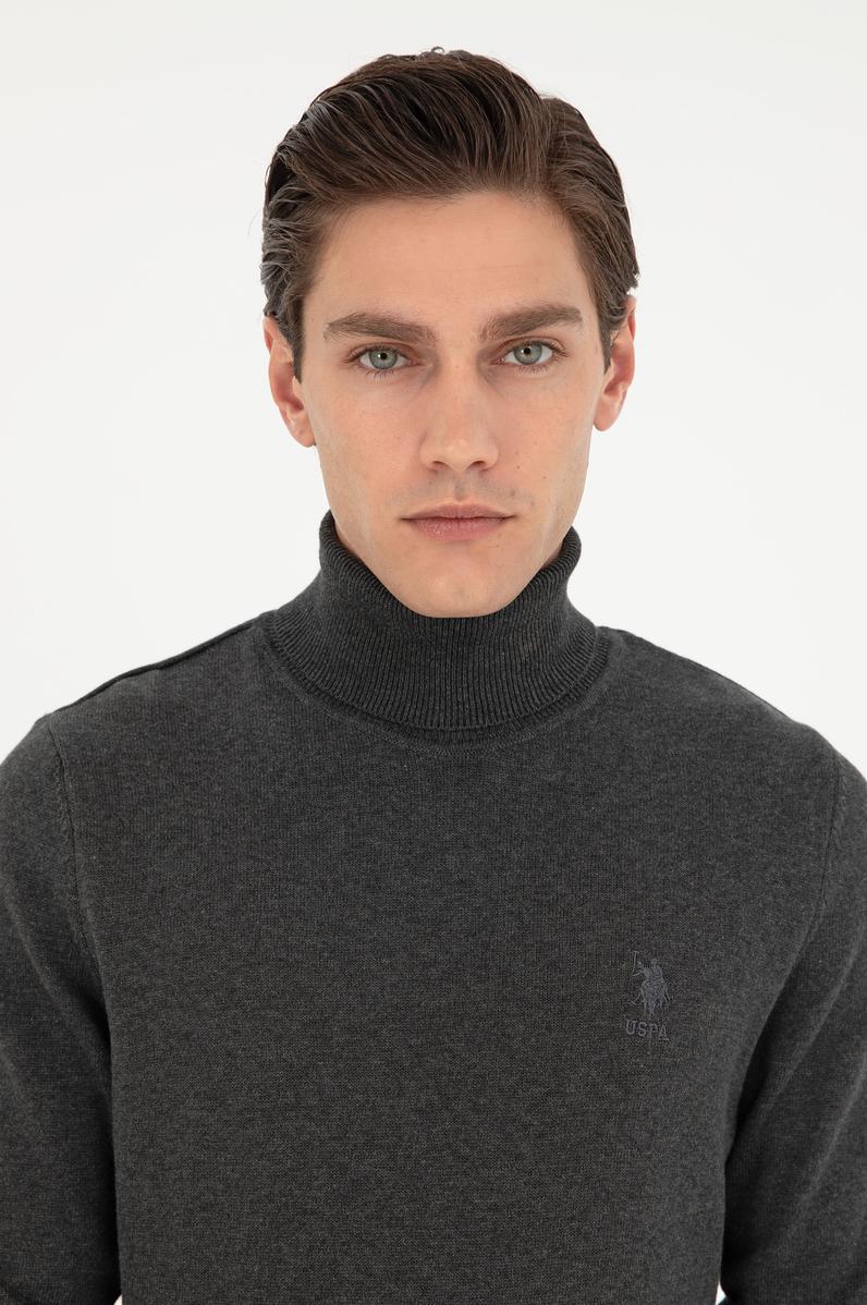 Erkek Slim Fit Boğazlı Yaka Antrasit Melanj Basic Kazak