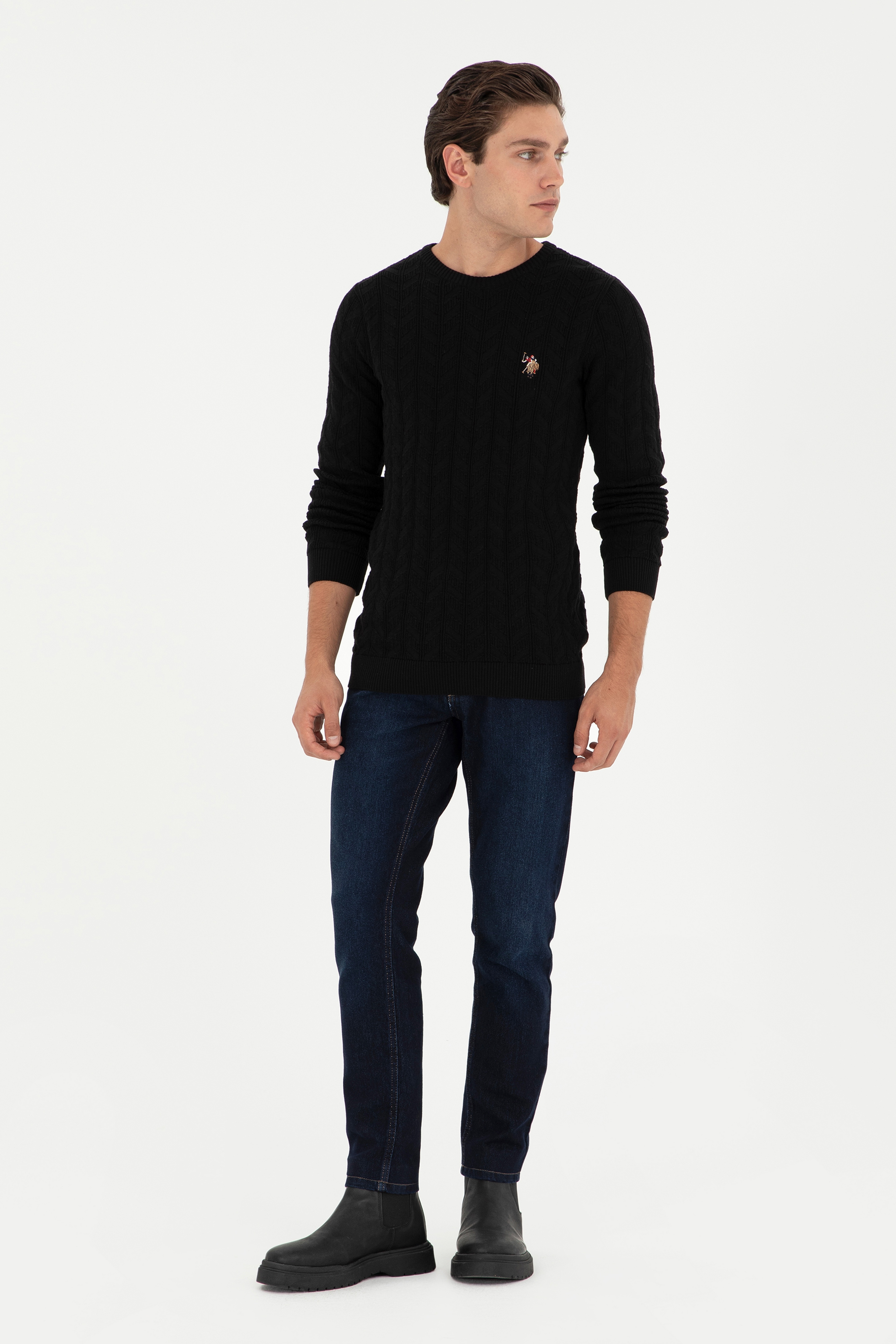 Erkek Slim Fit Bisiklet Yaka Siyah Basic Kazak - Image 4