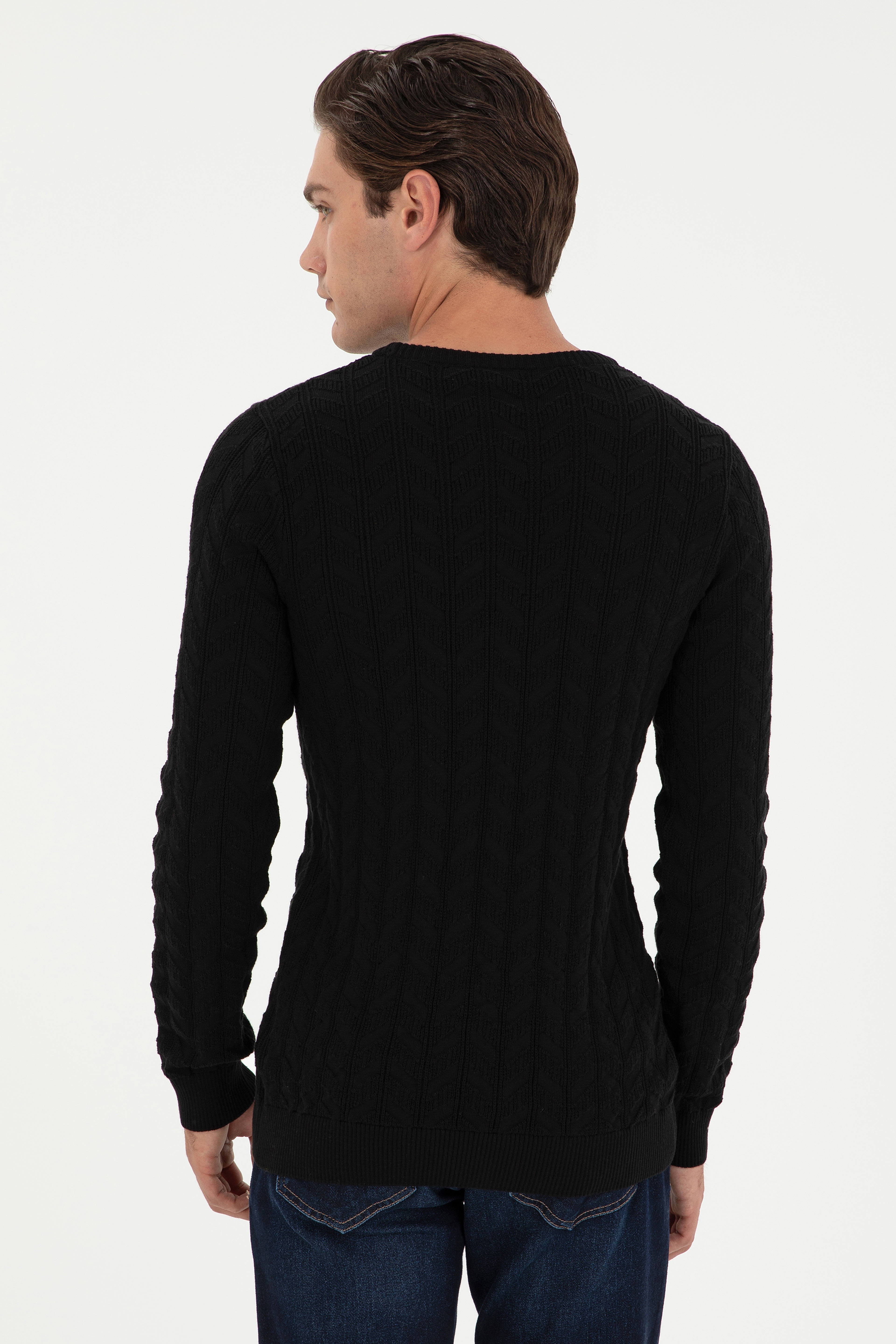 Erkek Slim Fit Bisiklet Yaka Siyah Basic Kazak - Image 5