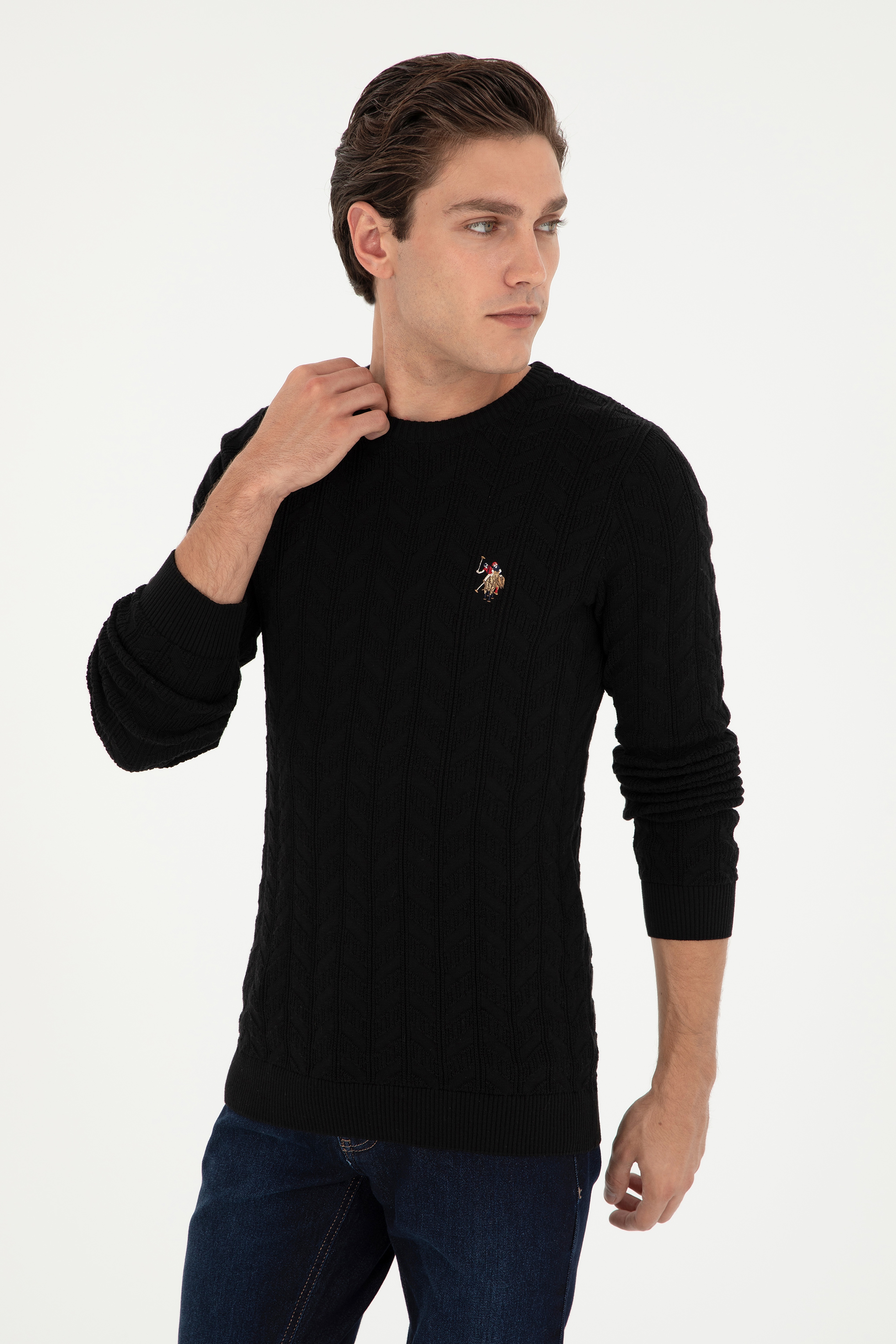 Erkek Slim Fit Bisiklet Yaka Siyah Basic Kazak - Image 3