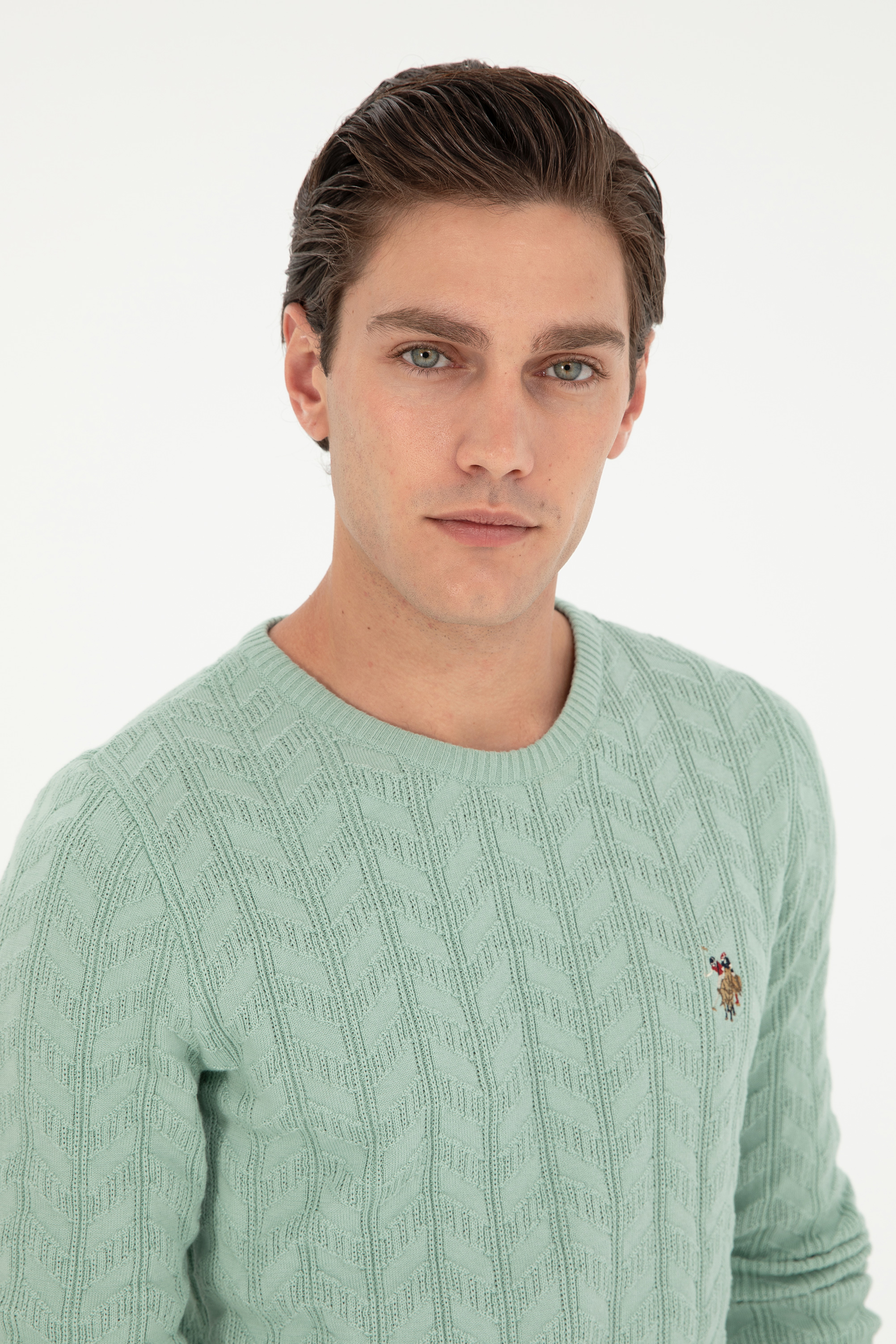 Erkek Slim Fit Bisiklet Yaka Su Yeşili Basic Kazak - Image 2