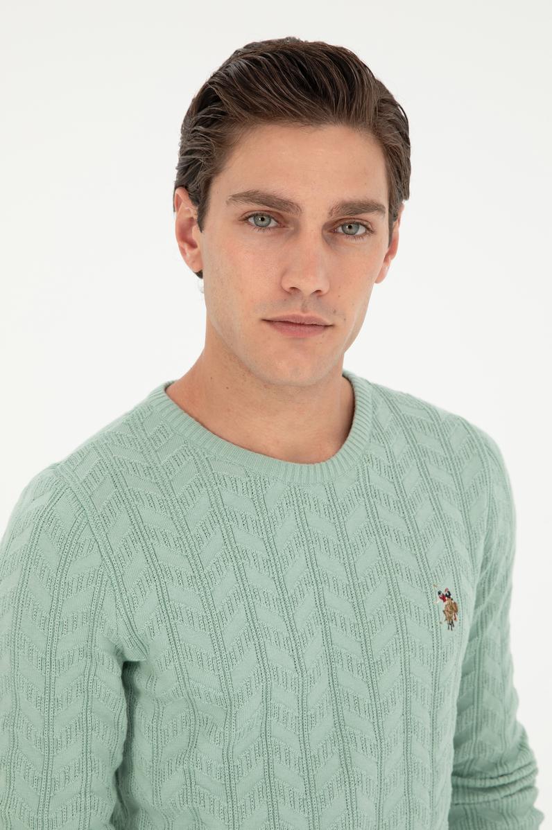 Erkek Slim Fit Bisiklet Yaka Su Yeşili Basic Kazak