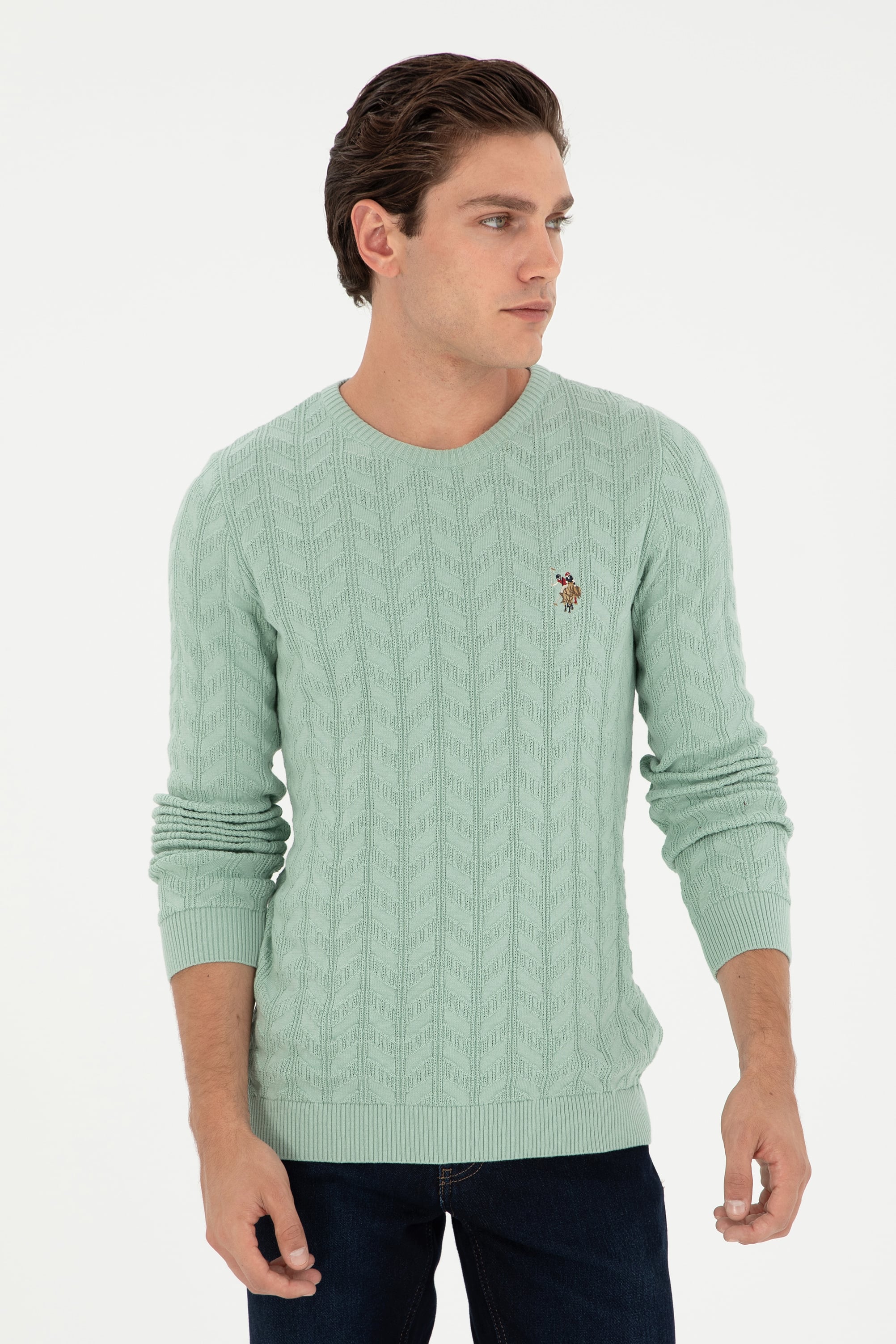 Erkek Slim Fit Bisiklet Yaka Su Yeşili Basic Kazak - Image 1