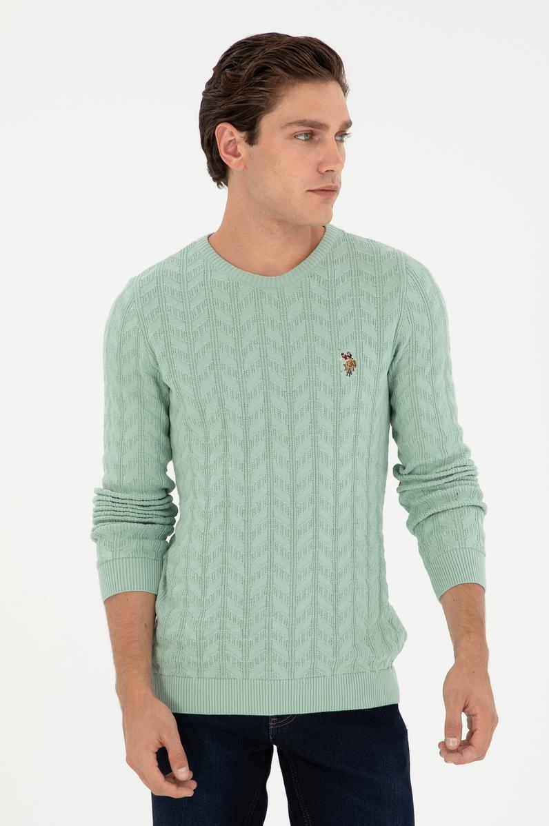 Erkek Slim Fit Bisiklet Yaka Su Yeşili Basic Kazak