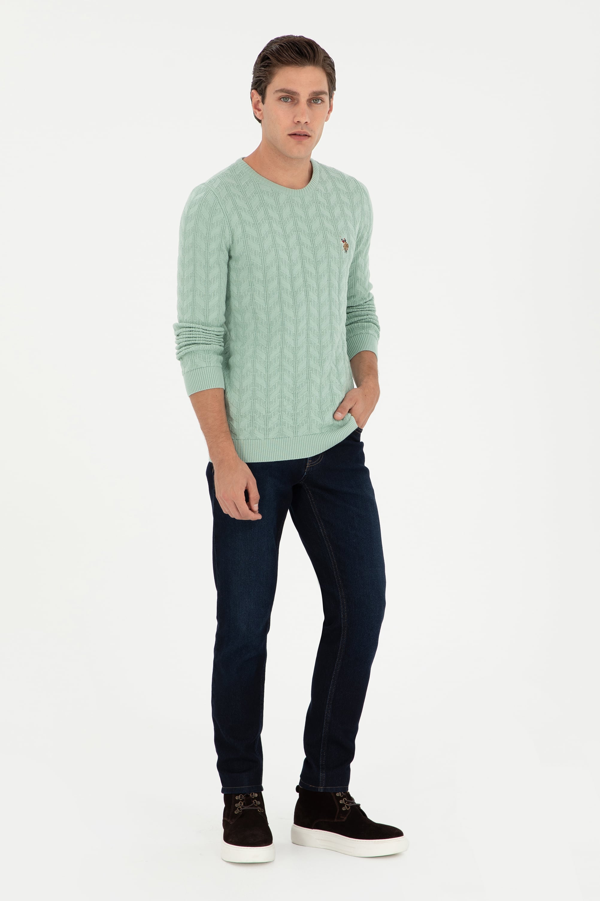 Erkek Slim Fit Bisiklet Yaka Su Yeşili Basic Kazak - Image 4