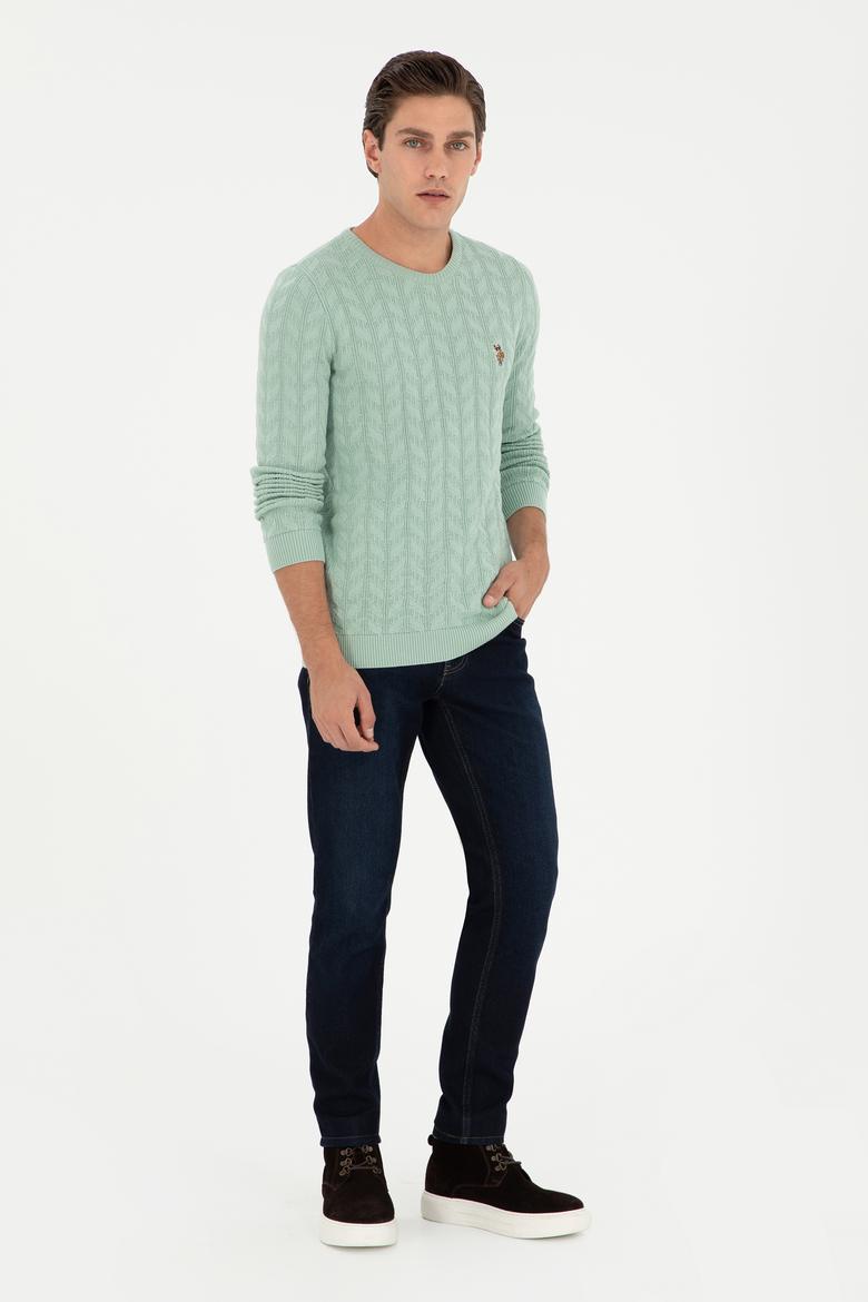 Erkek Slim Fit Bisiklet Yaka Su Yeşili Basic Kazak - 50288883062