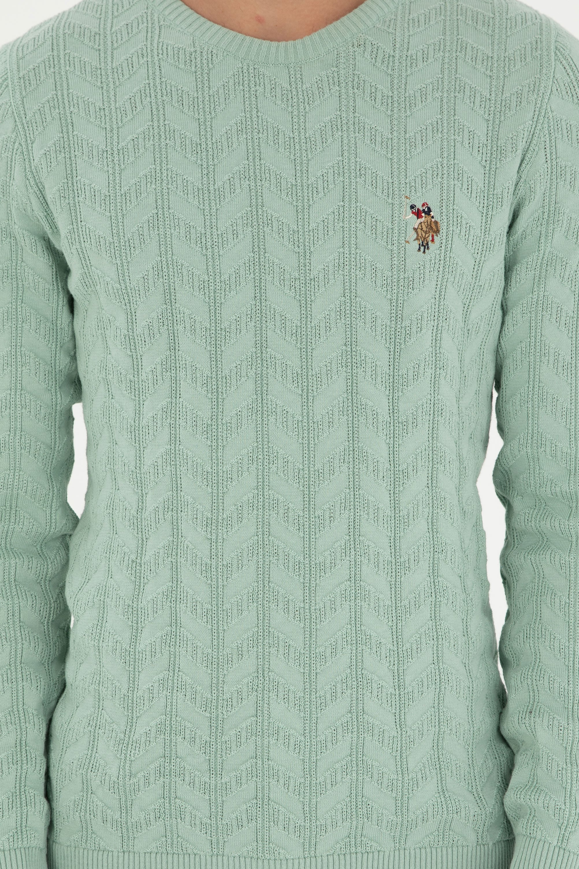 Erkek Slim Fit Bisiklet Yaka Su Yeşili Basic Kazak