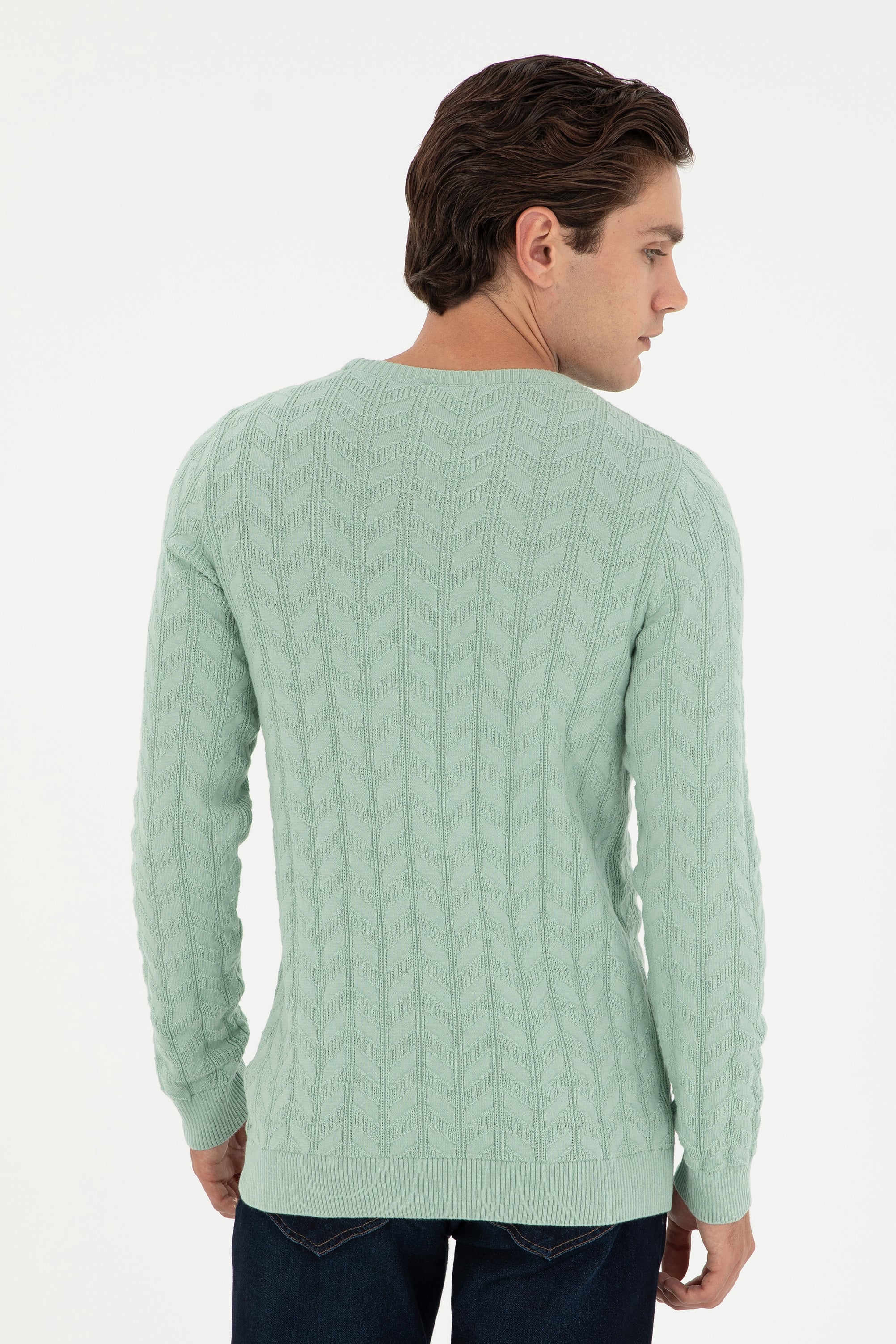 Erkek Slim Fit Bisiklet Yaka Su Yeşili Basic Kazak