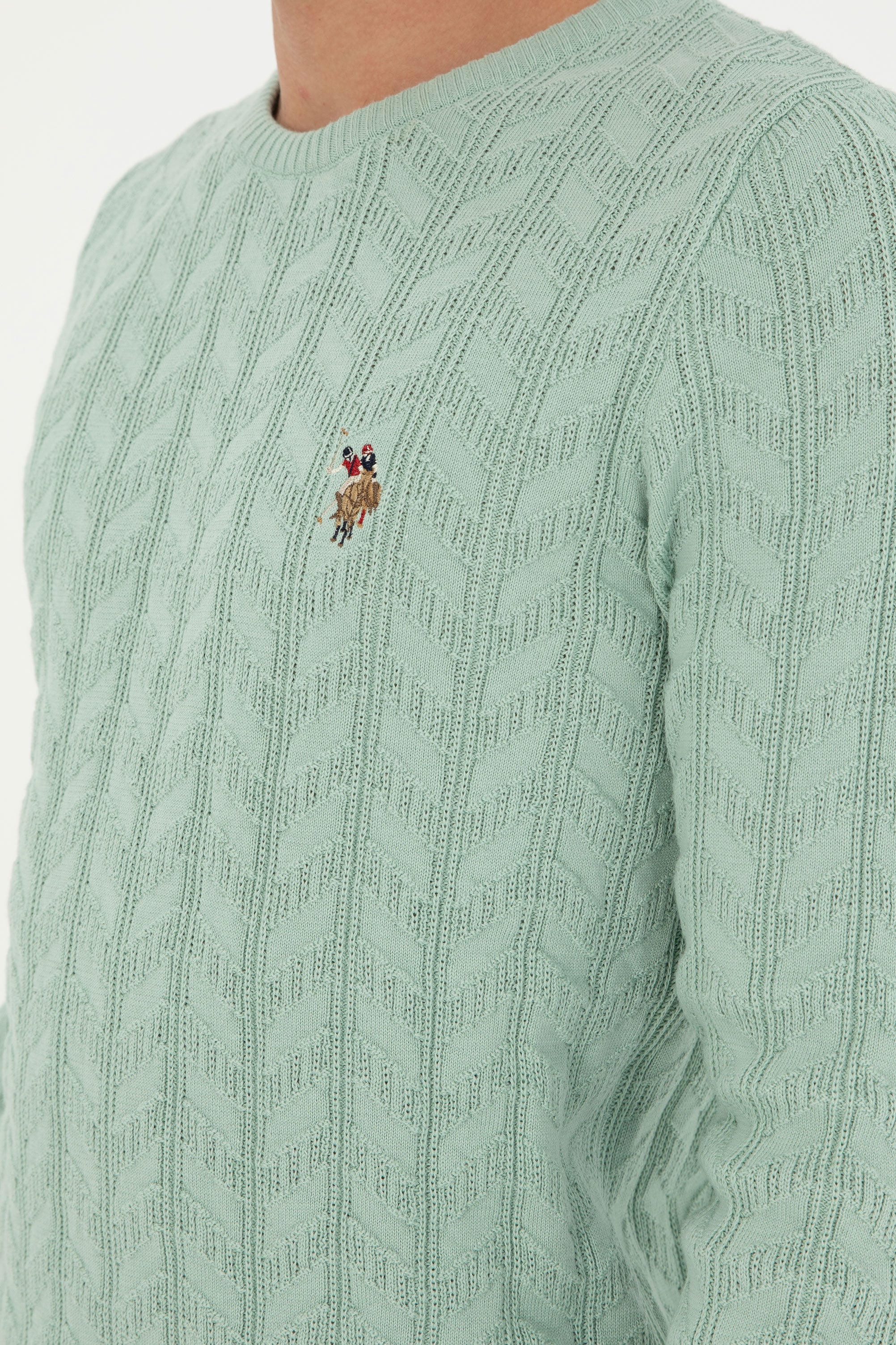 Erkek Slim Fit Bisiklet Yaka Su Yeşili Basic Kazak - Image 7