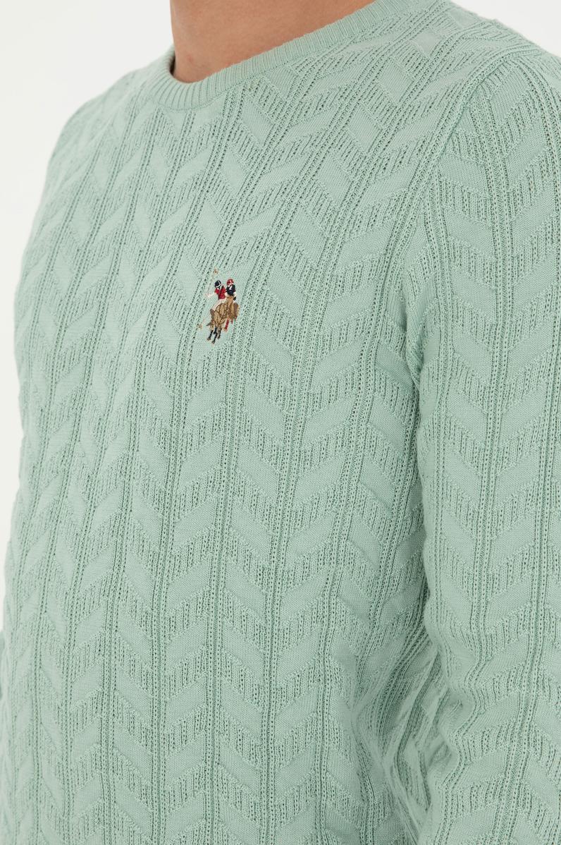 Erkek Slim Fit Bisiklet Yaka Su Yeşili Basic Kazak