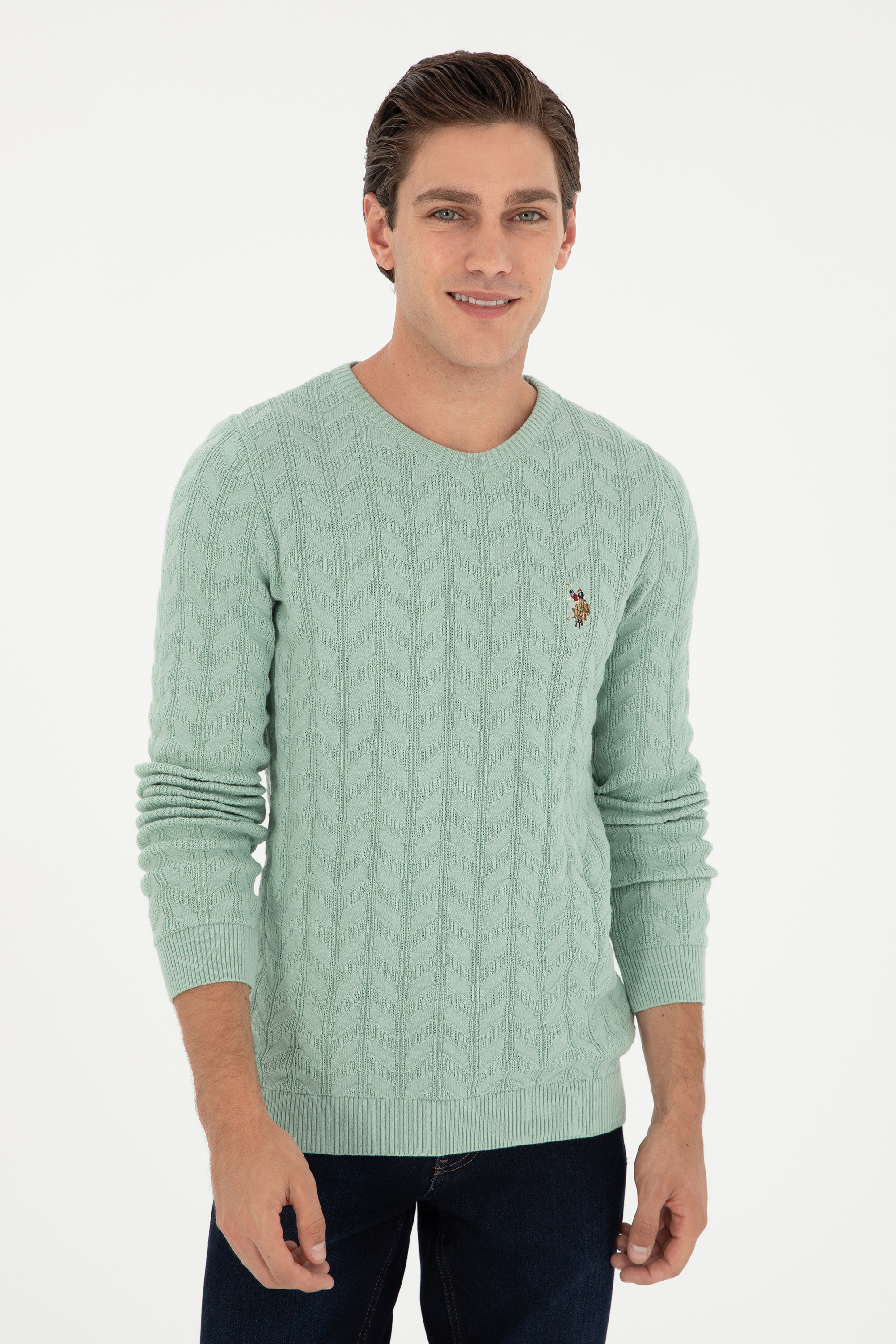 Erkek Slim Fit Bisiklet Yaka Su Yeşili Basic Kazak - Image 3