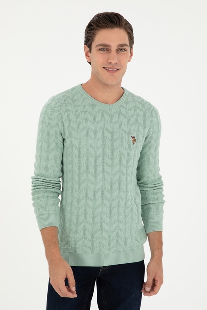Erkek Slim Fit Bisiklet Yaka Su Yeşili Basic Kazak