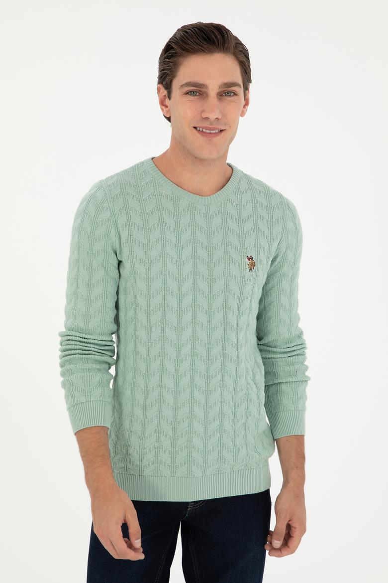 Erkek Slim Fit Bisiklet Yaka Su Yeşili Basic Kazak - 50288883062