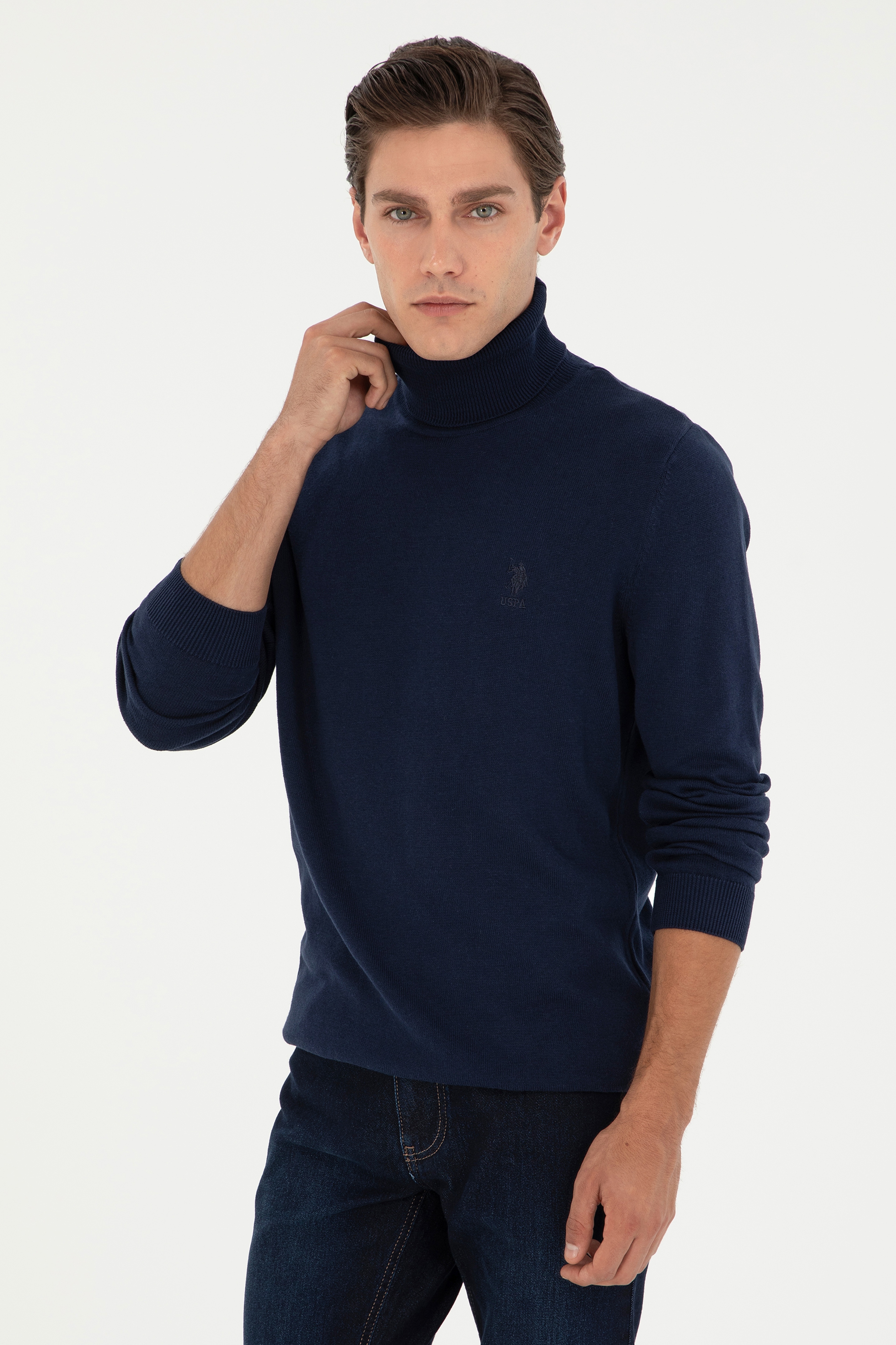 Erkek Slim Fit Boğazlı Yaka Lacivert Basic Kazak - Image 1