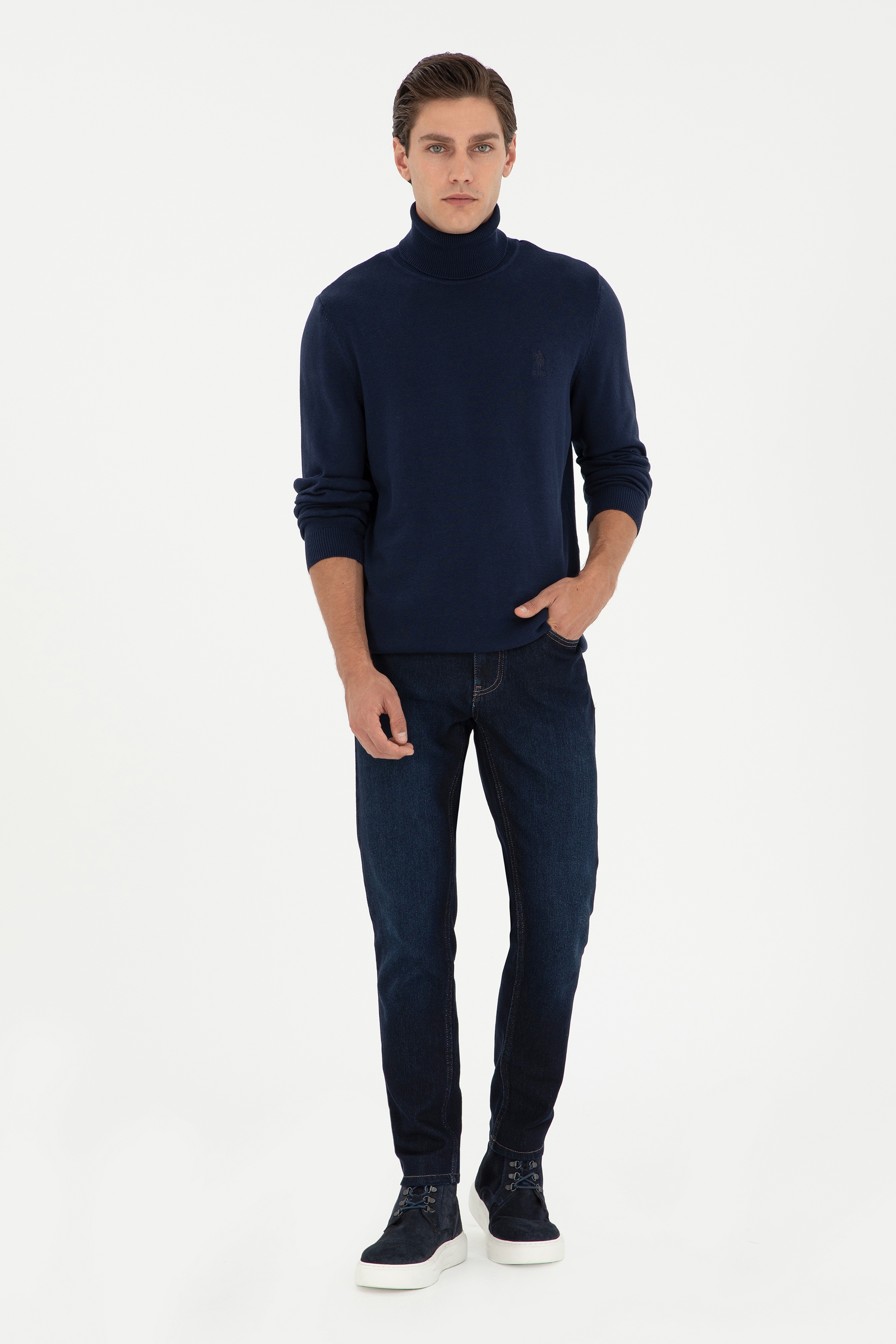 Erkek Slim Fit Boğazlı Yaka Lacivert Basic Kazak - Image 4