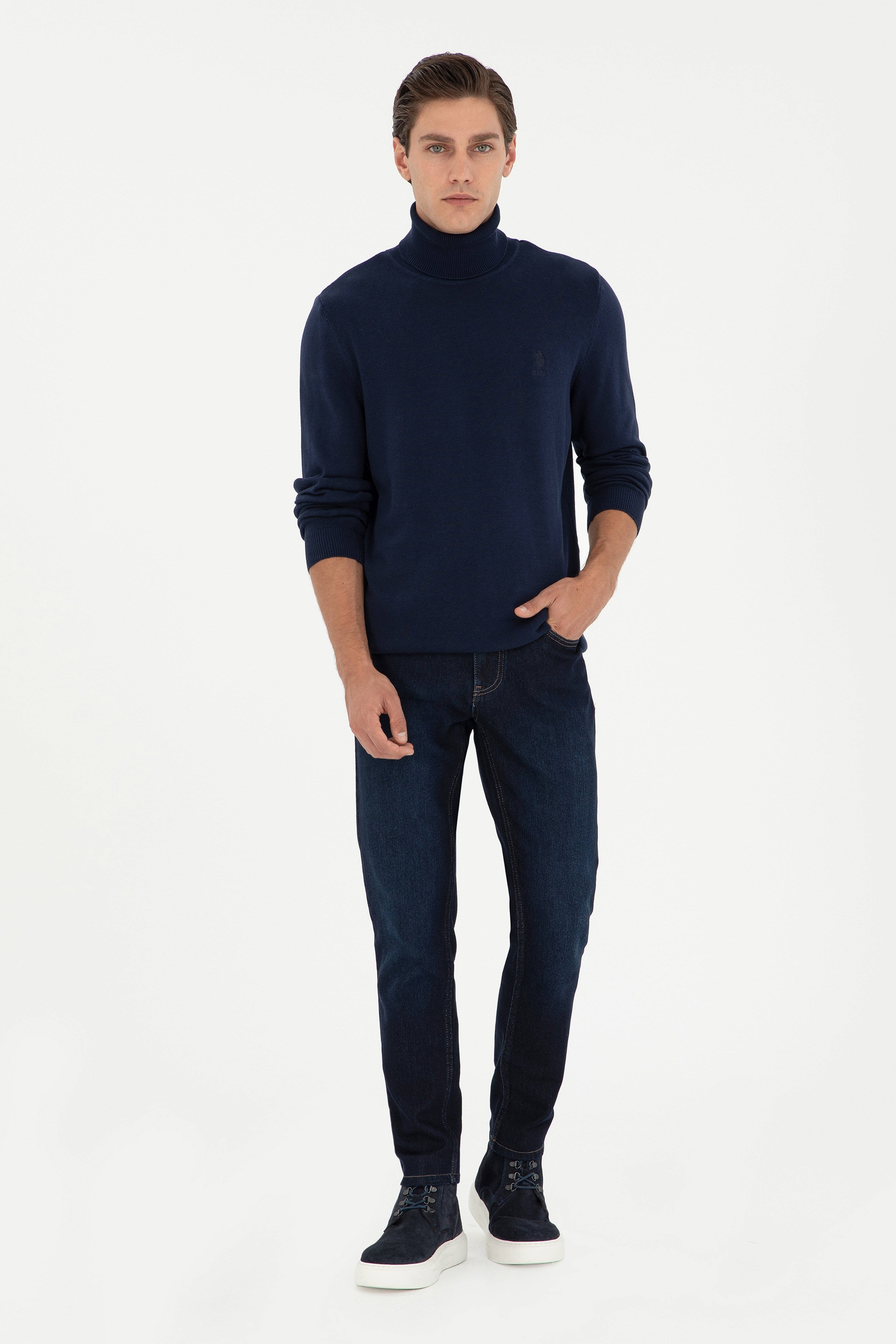 Erkek Slim Fit Boğazlı Yaka Lacivert Basic Kazak