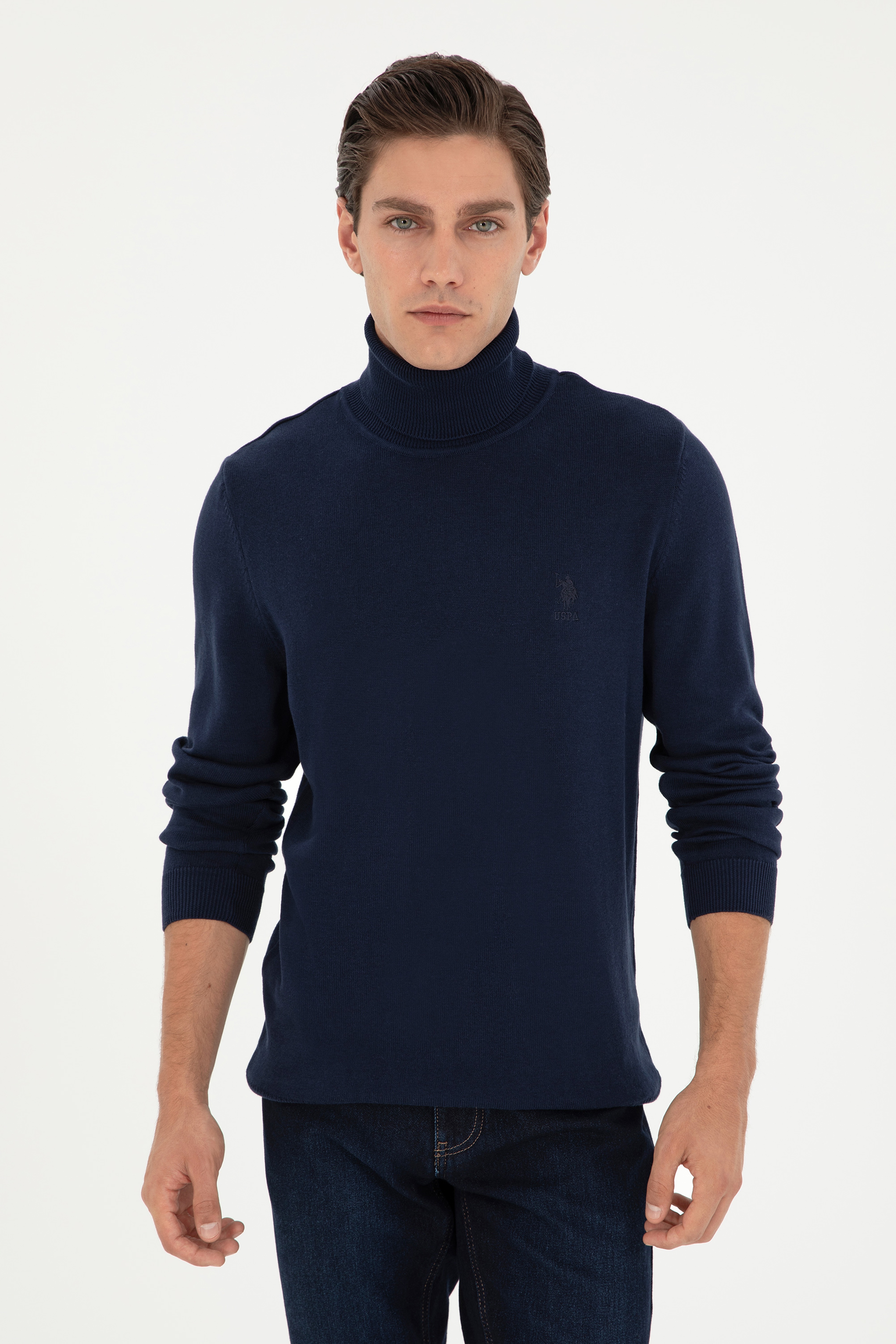 Erkek Slim Fit Boğazlı Yaka Lacivert Basic Kazak - Image 3